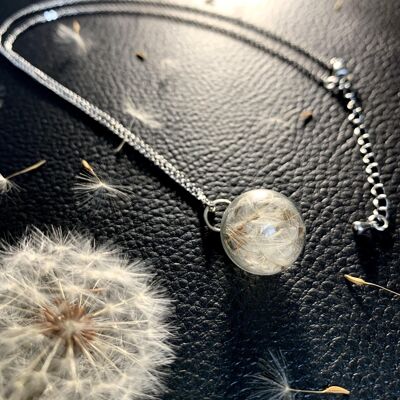 Dandelion dried flower necklace, silver glass sphere pendant
