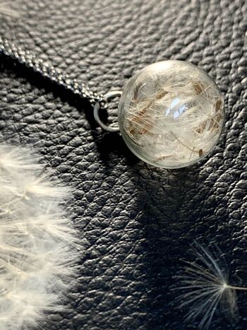 Collier fleur séchée pissenlit, pendentif sphère de verre argenté 3