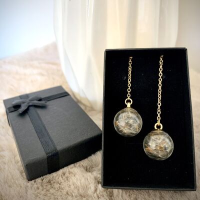 Golden glass sphere dandelion dried flower earrings