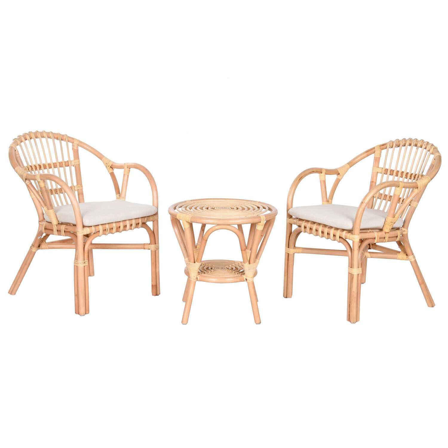 Mesa set 3 ratan 50x50x50 y 2 sillones con cojin MB213863