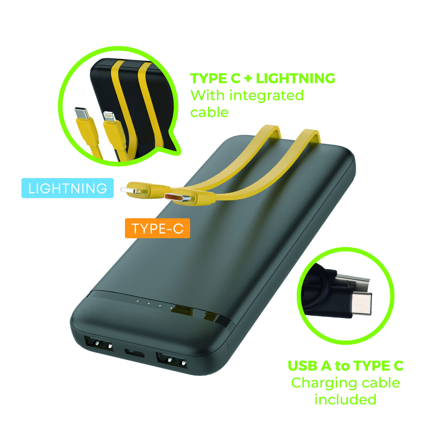 10.000 mAh Powerbank mit integrierten Kabeln