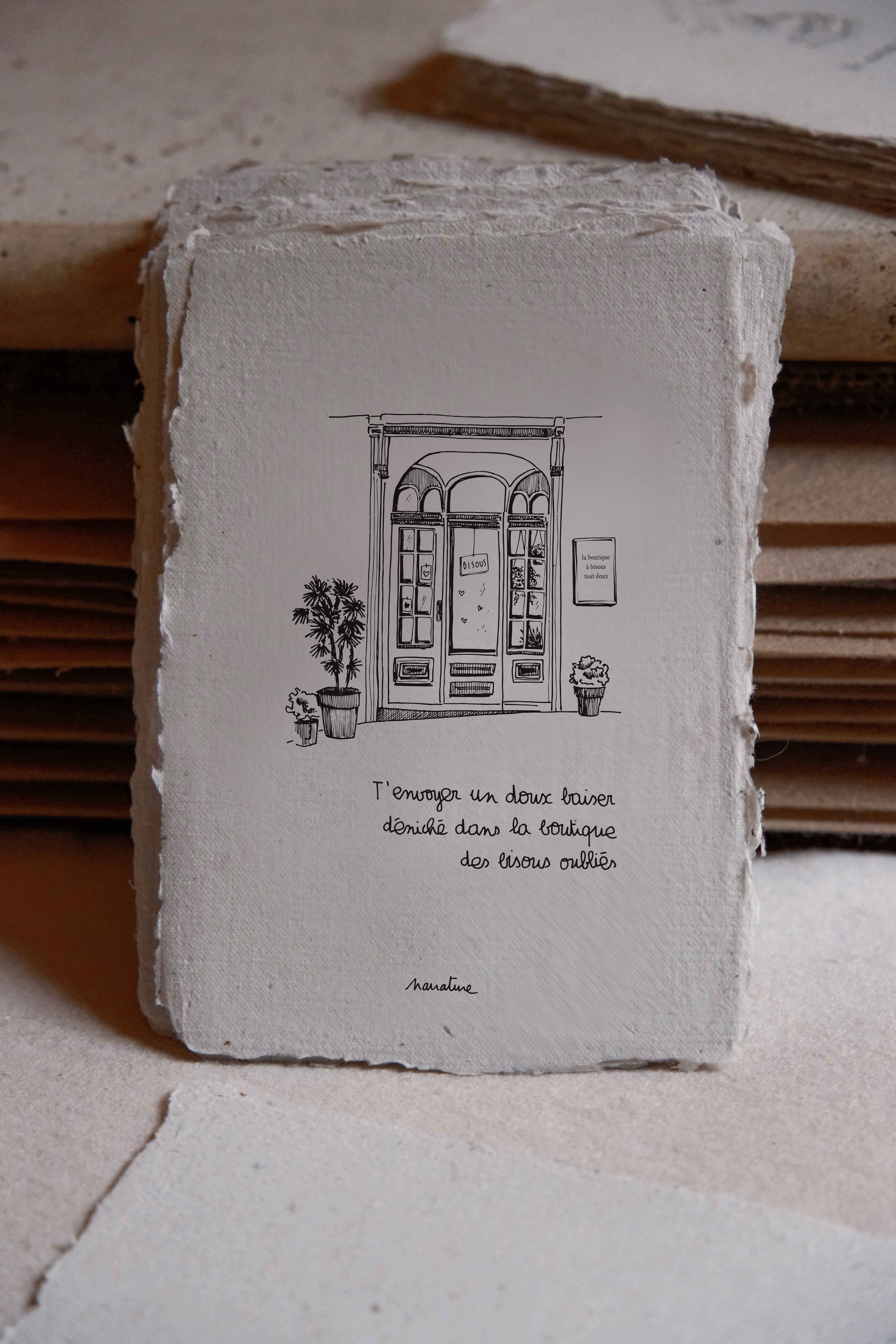 Der Laden der vergessenen Küsse – 10x15-Karte, handgeschöpftes Papier und recycelter Umschlag