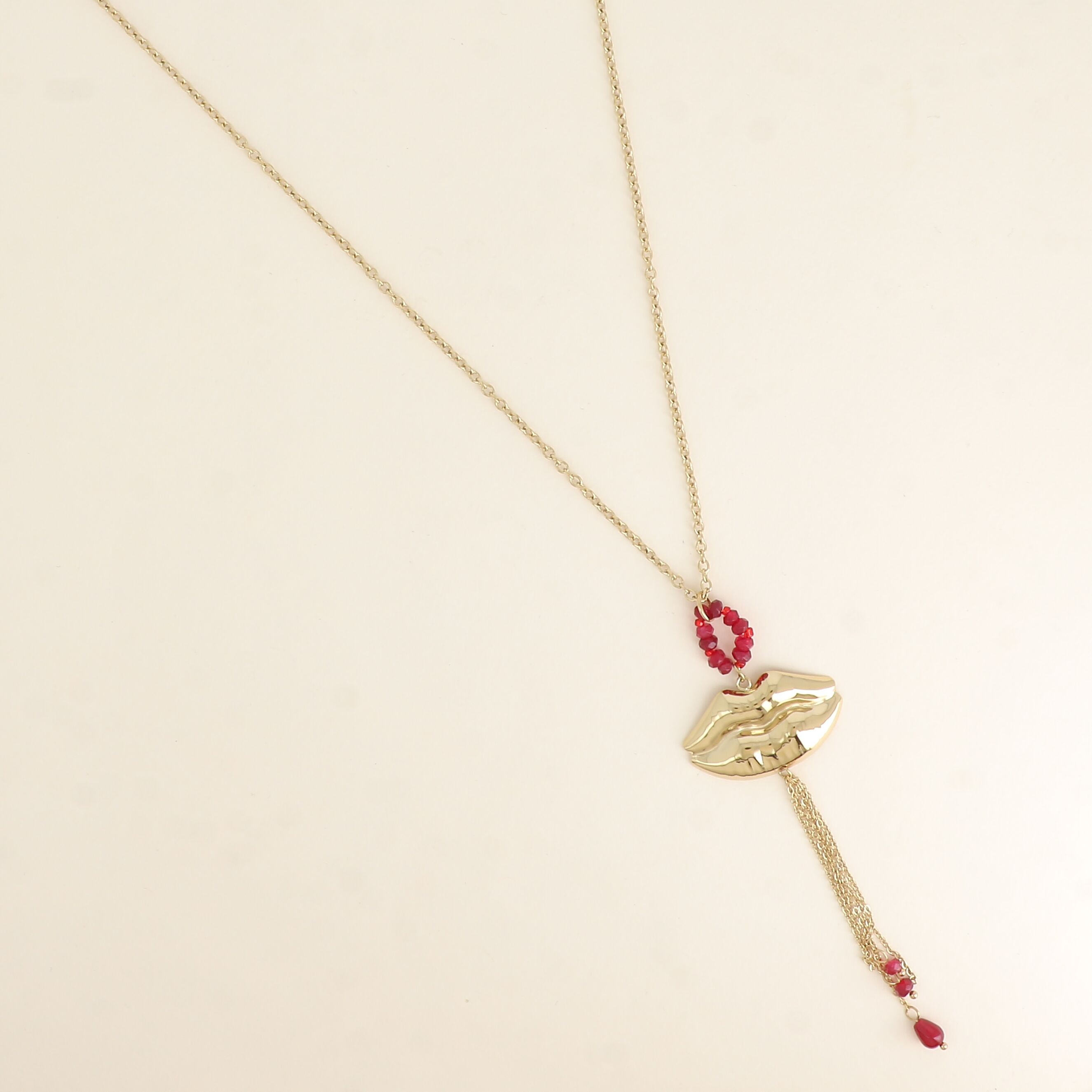 Y-shaped necklace - natural stone ring and mouth-shaped pendant