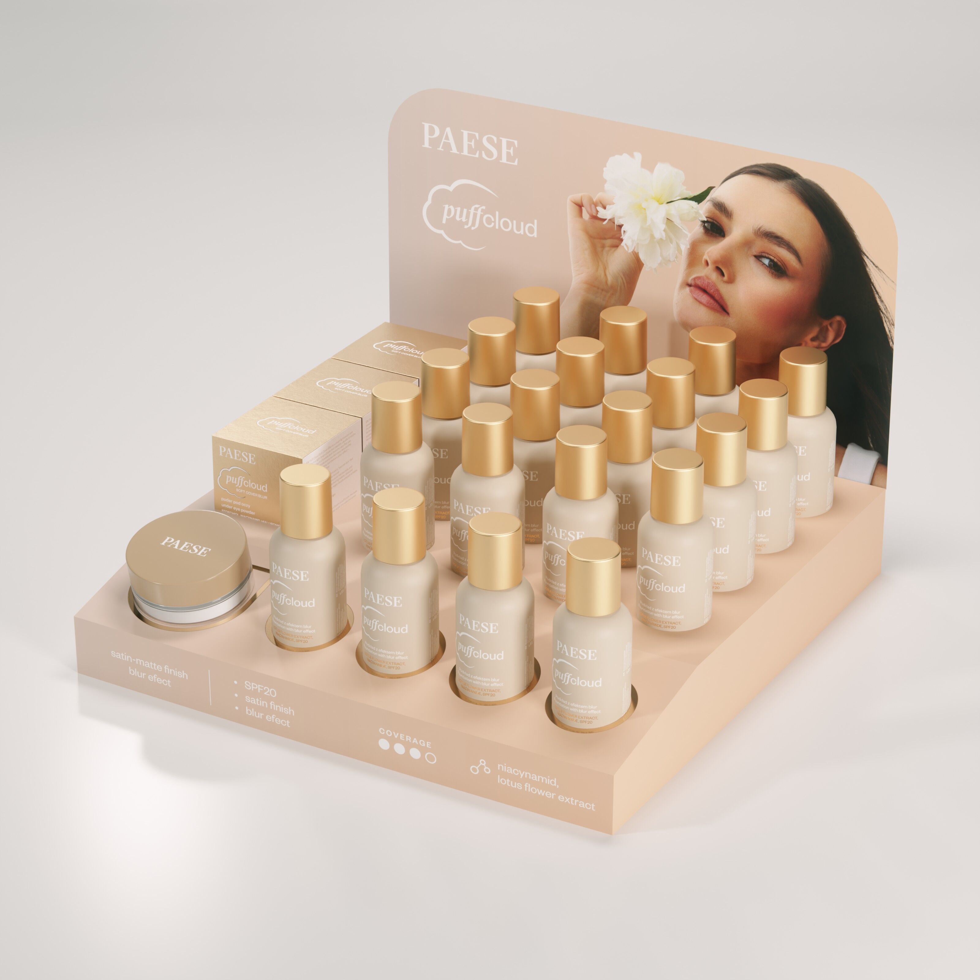 Ideal for Mother's Day - PAESE "Puff Cloud" Collection Display - The perfect skin-effect complexion routine - 19 pieces + 5 testers - Retail value €639 incl. VAT - Turnkey installation (EKS234)