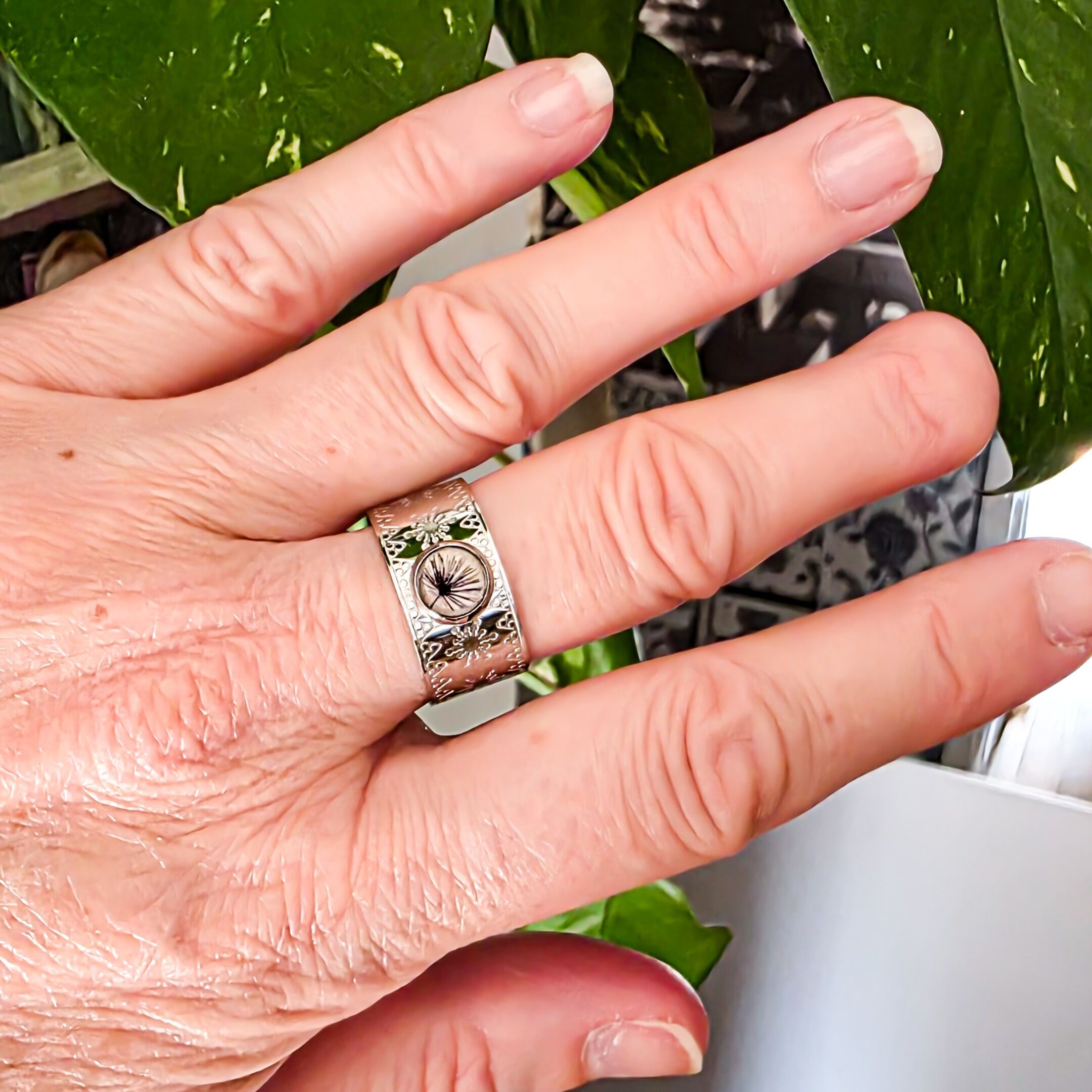 Bague résine motif dandelion Bijou acier inoxydable argenté Cadeau Fête des mères Cadeau Maman Noël