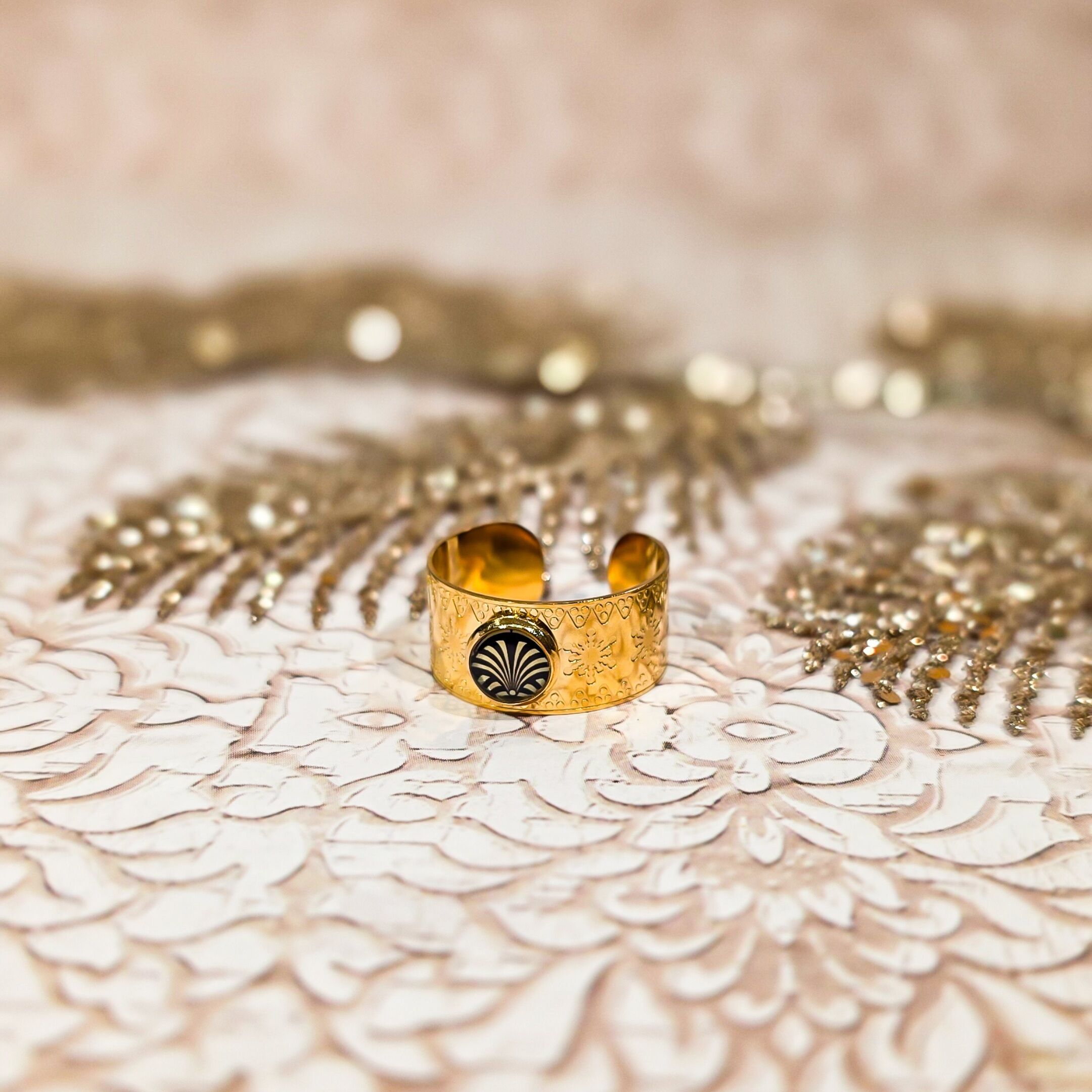Bague résine motif éventail Bijou acier inoxydable doré Cadeau Fête des mères Cadeau Maman Noël