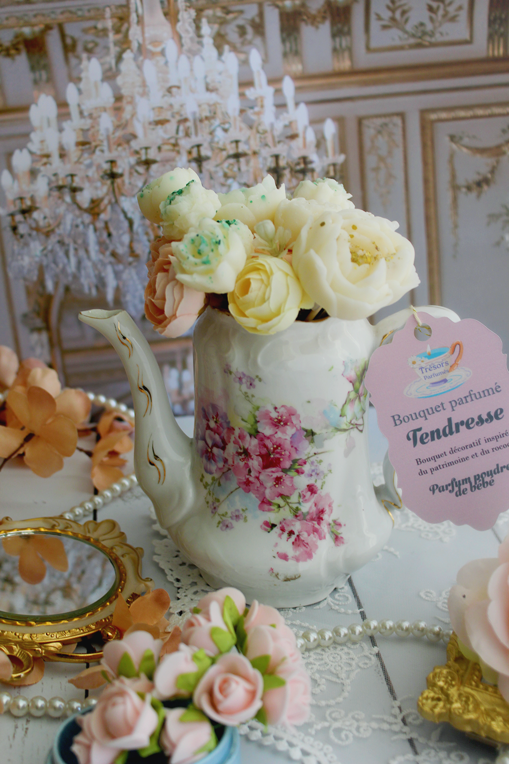 Eternal fragrant bouquet, wax flower design, Tenderness perfume, baby powder