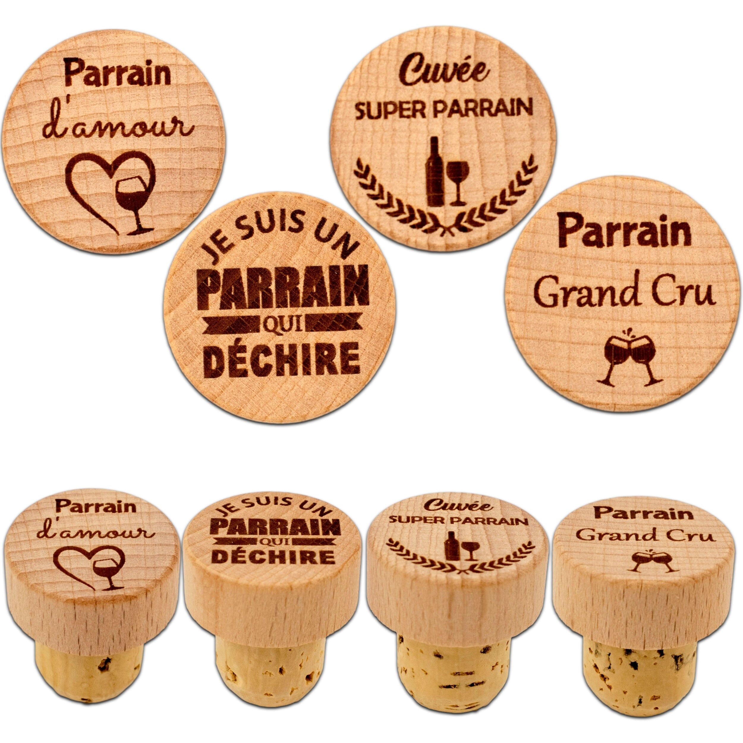 Set of 4 wooden and natural cork stoppers – Godfather – godfather gift – Christmas gift – birthday gift
