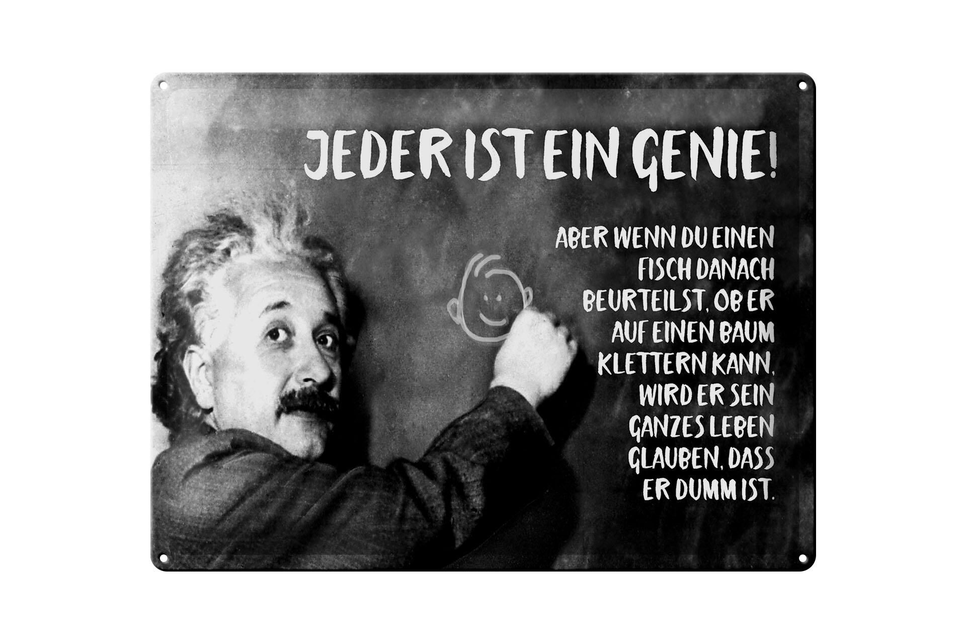 Metal sign with quote, 30x40 cm, Einstein plaque: Everyone is a genius. Decorative sign.
