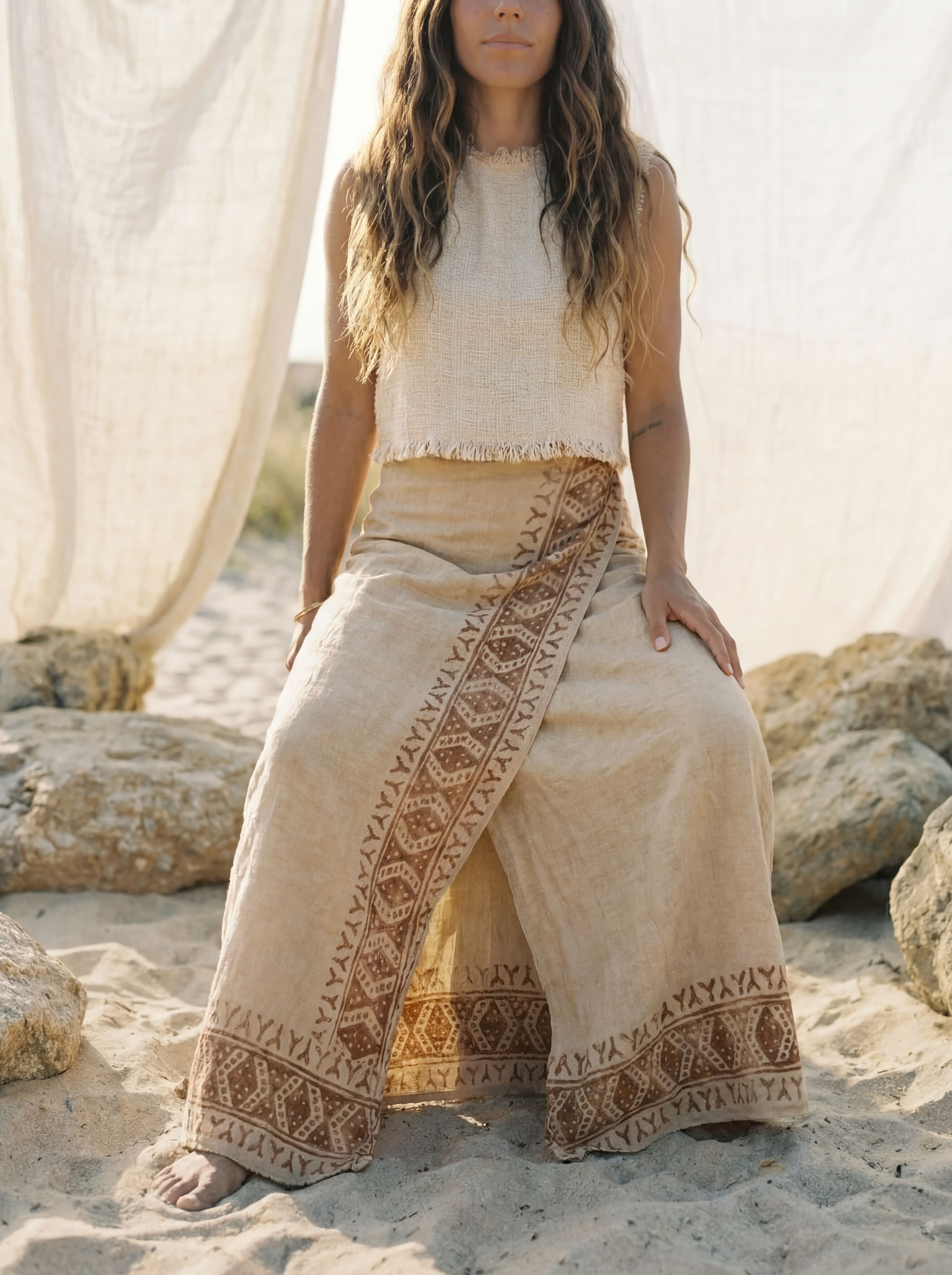 Block Print Raw Cotton Wrap Skirt – Bohemian Maxi Beach Skirt Hippie Tribal Print Skirt