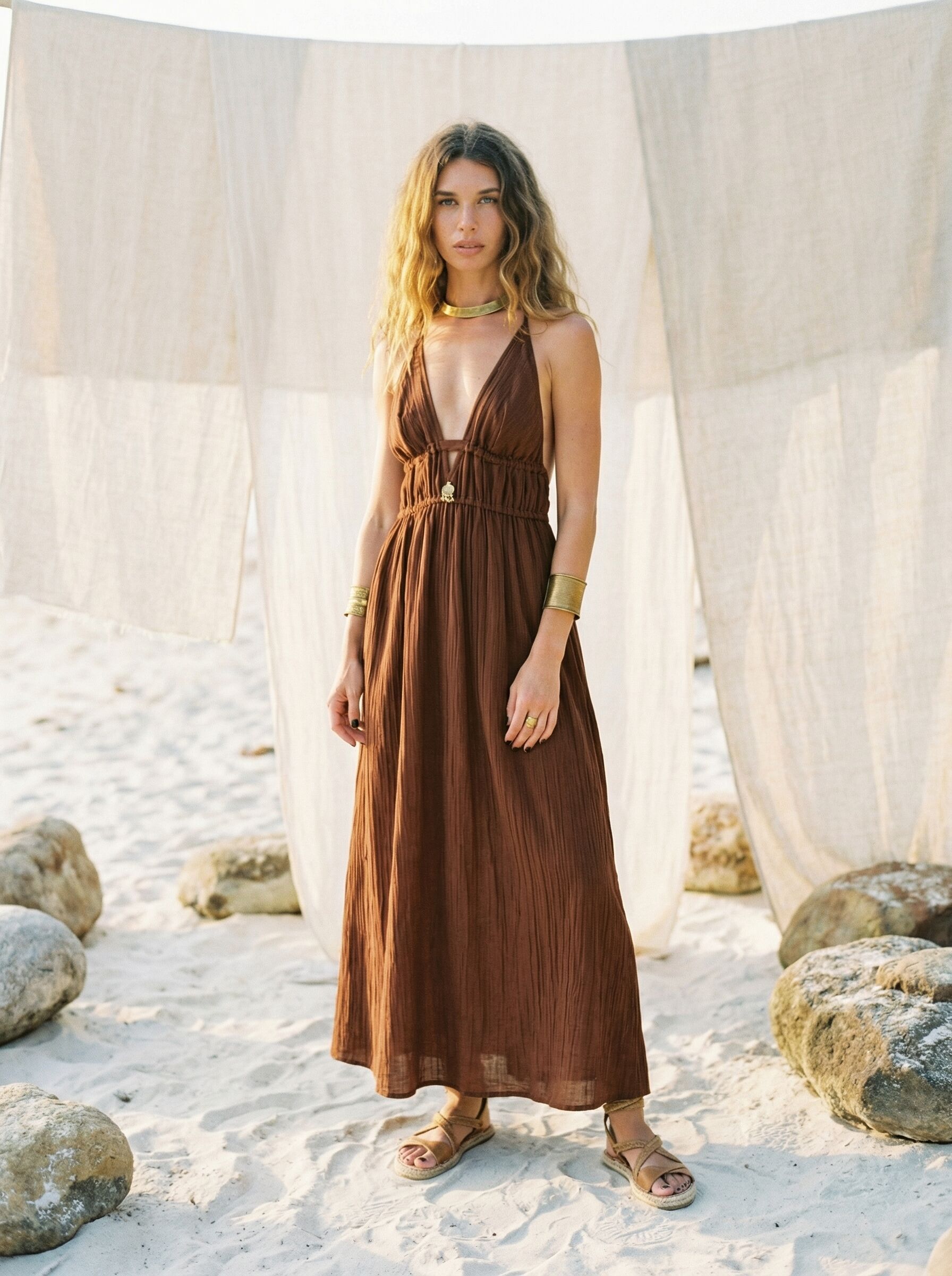 Mustard Cotton Gauze Maxi Dress – Bohemian Halter Neck Dress