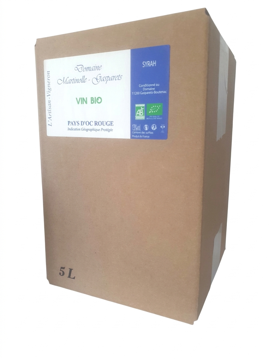 Bag-in-Box Pays d'Oc Organic Red Wine, 5L or 3L, Artisanal 2022 Syrah Single-Single-Grain Wine