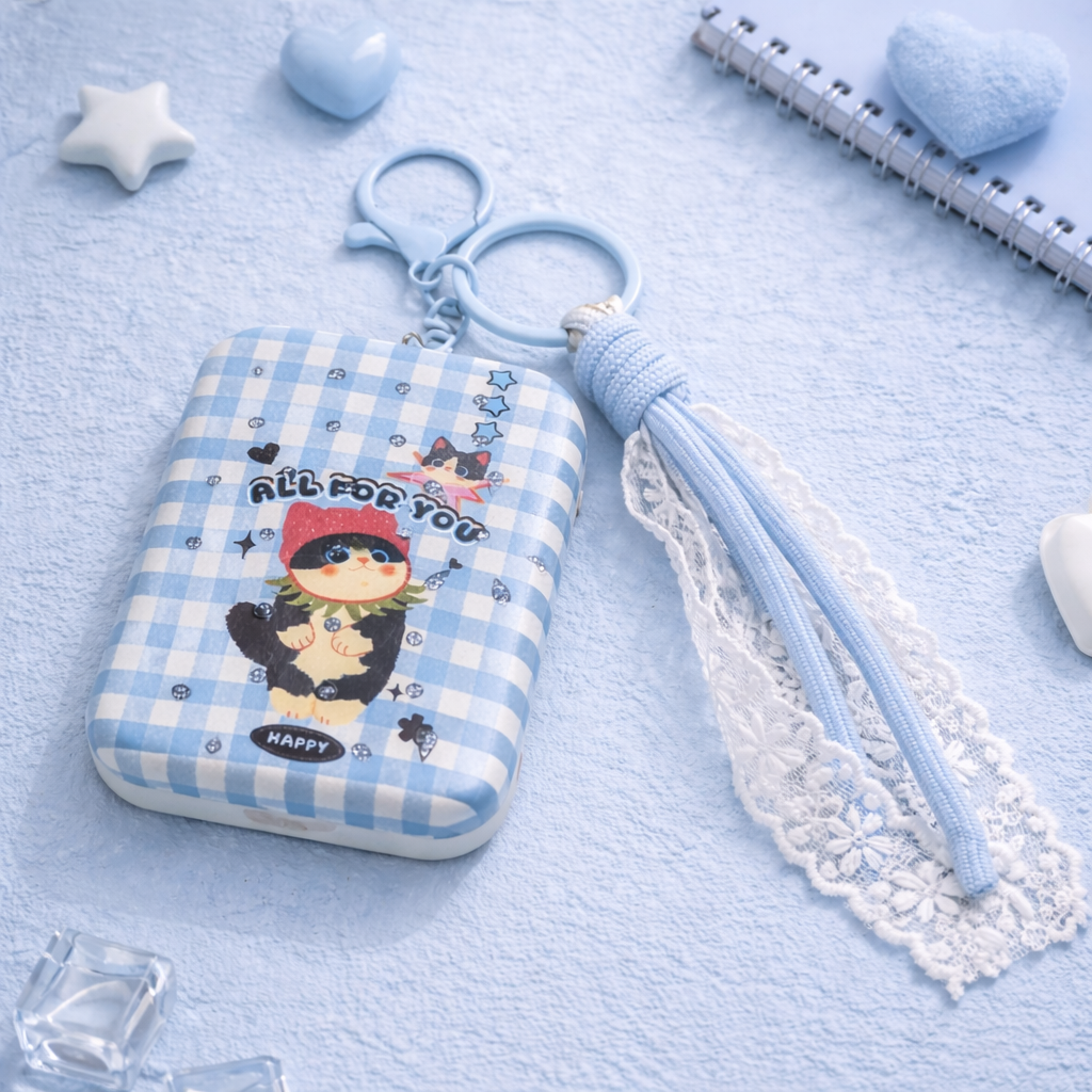 Miroir pliable - Porte clés Chat Vichy bleu Kawaii
