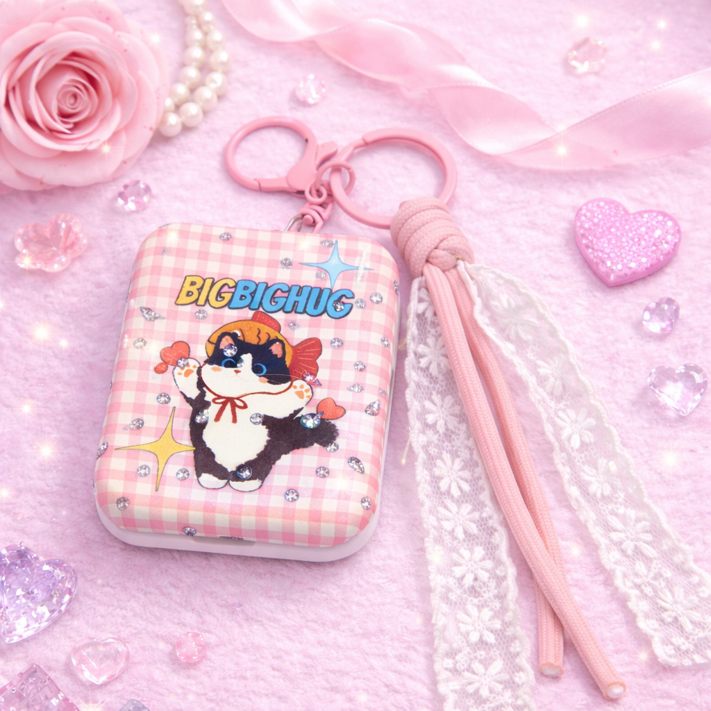 Miroir pliant - Porte clés Chat Vichy Rose