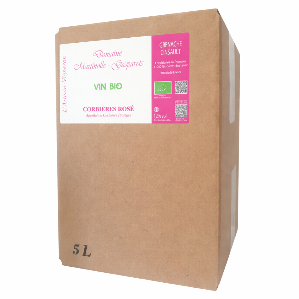 Bag in Box Organic Rosé Wine 5L or 3L (lot) from artisan (AOP Corbières, Grenache Cinsault)