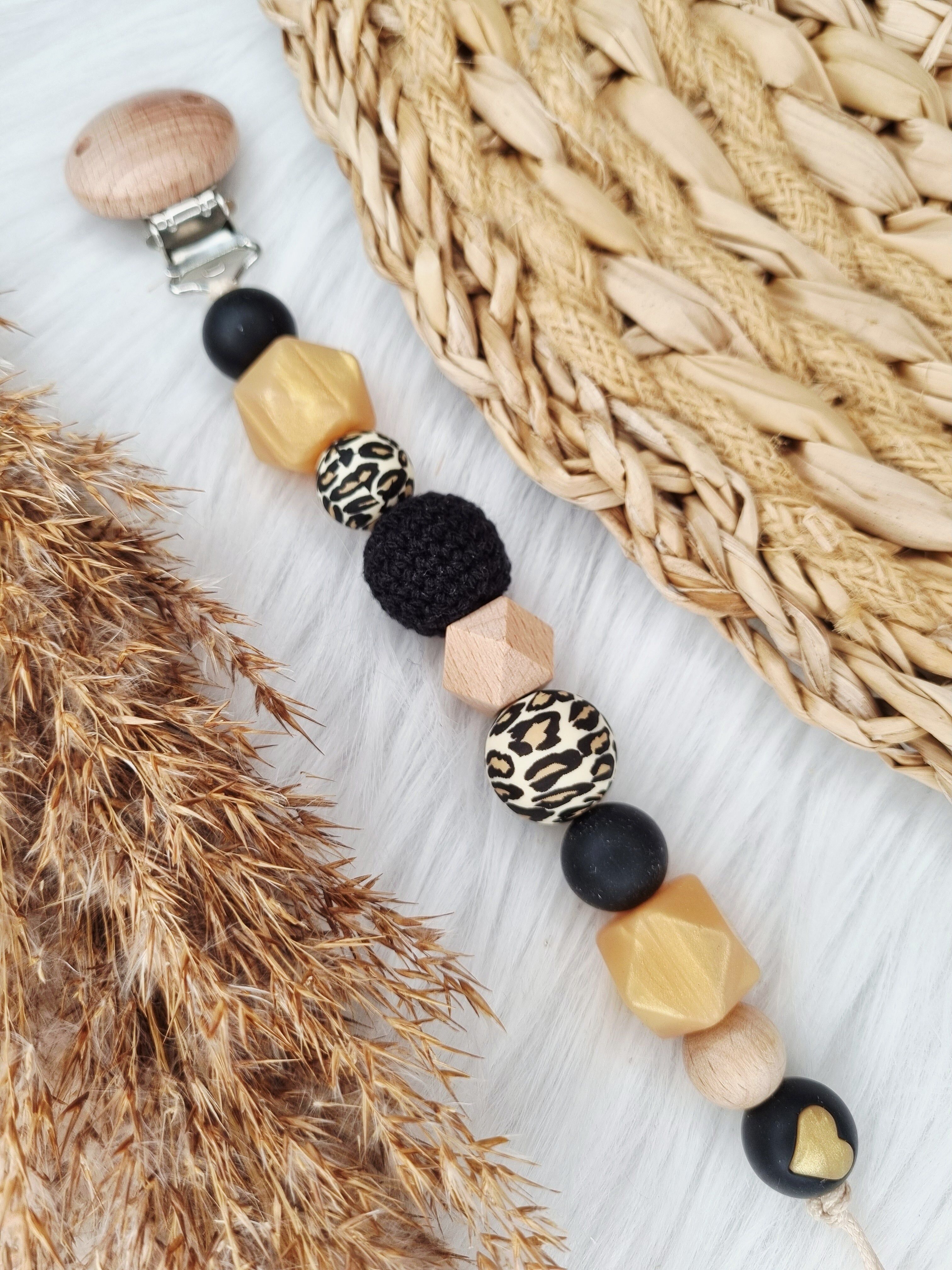 Pacifier clip - Heart black, gold, leopard