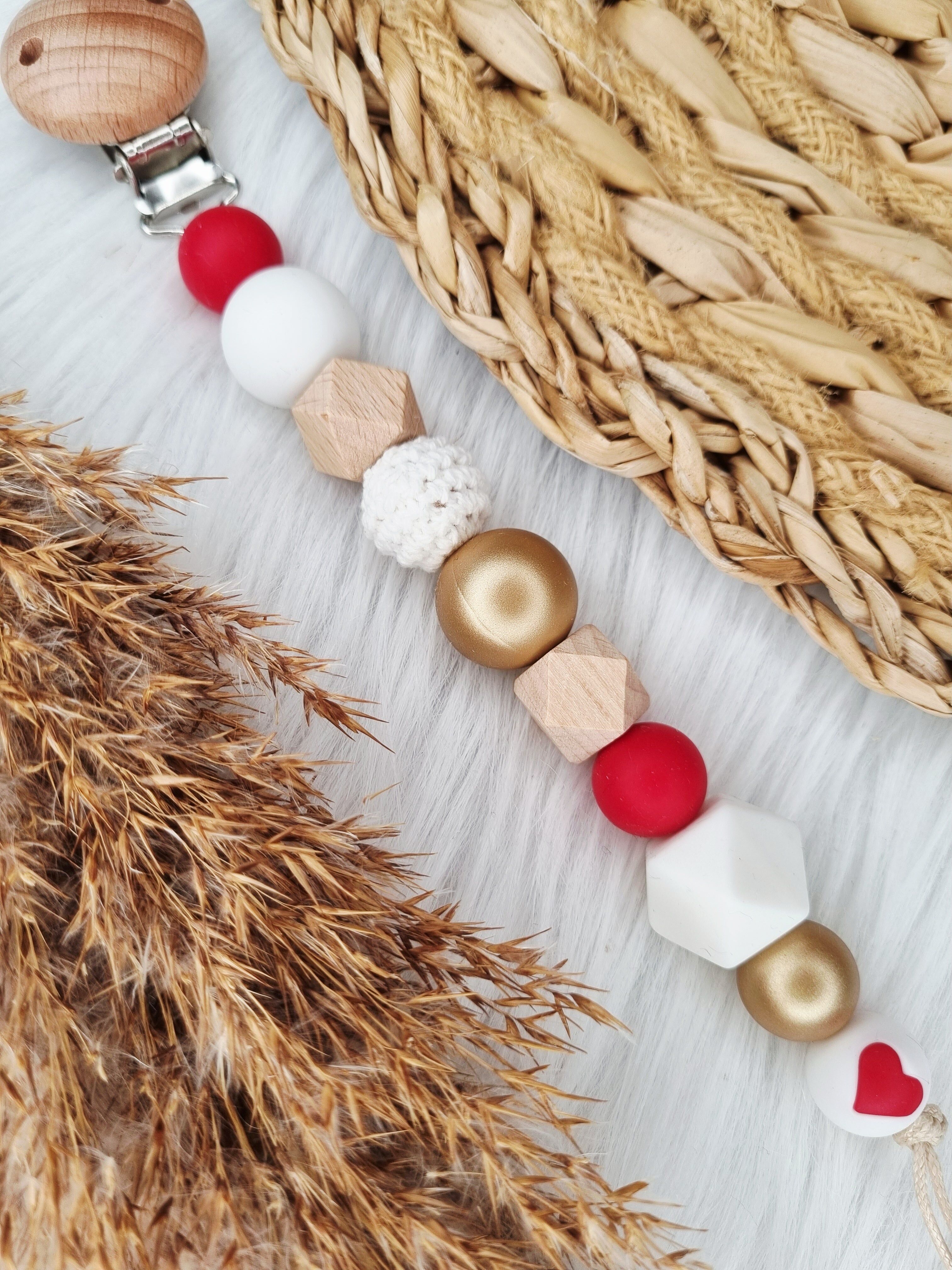 Pacifier clip - Heart white, red, gold