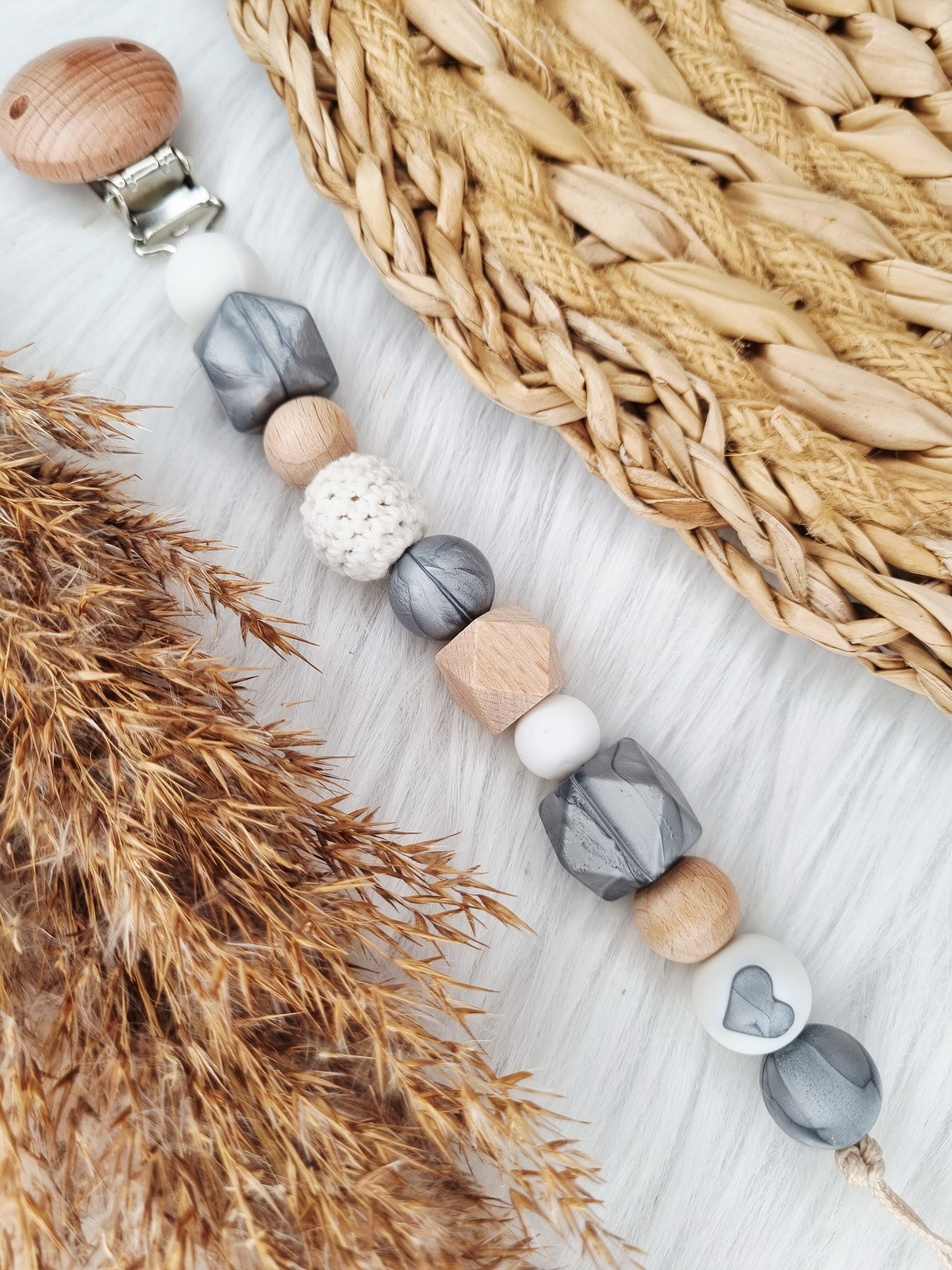 Pacifier clip - Heart silver, white