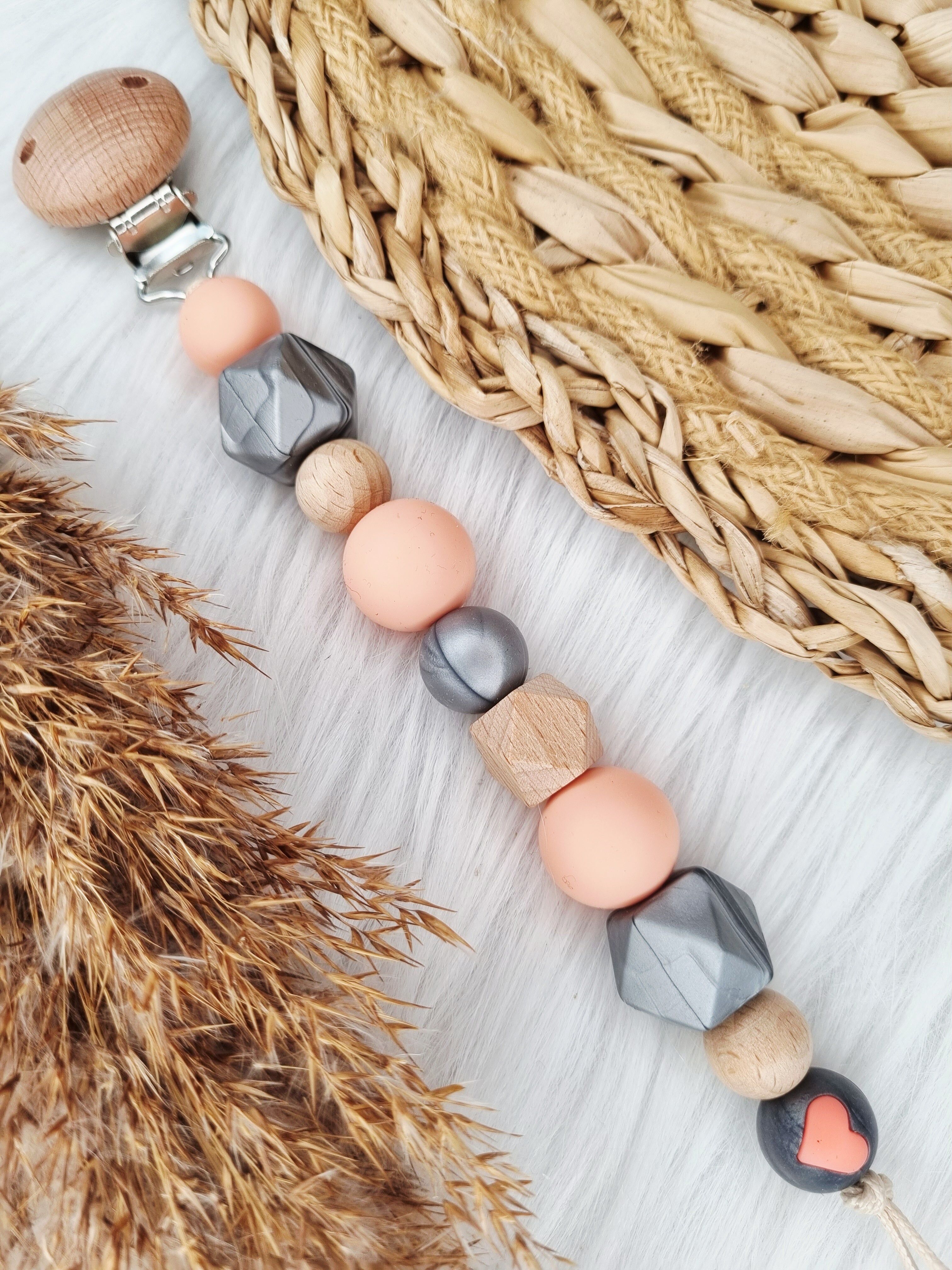 Pacifier clip - Heart silver, peach