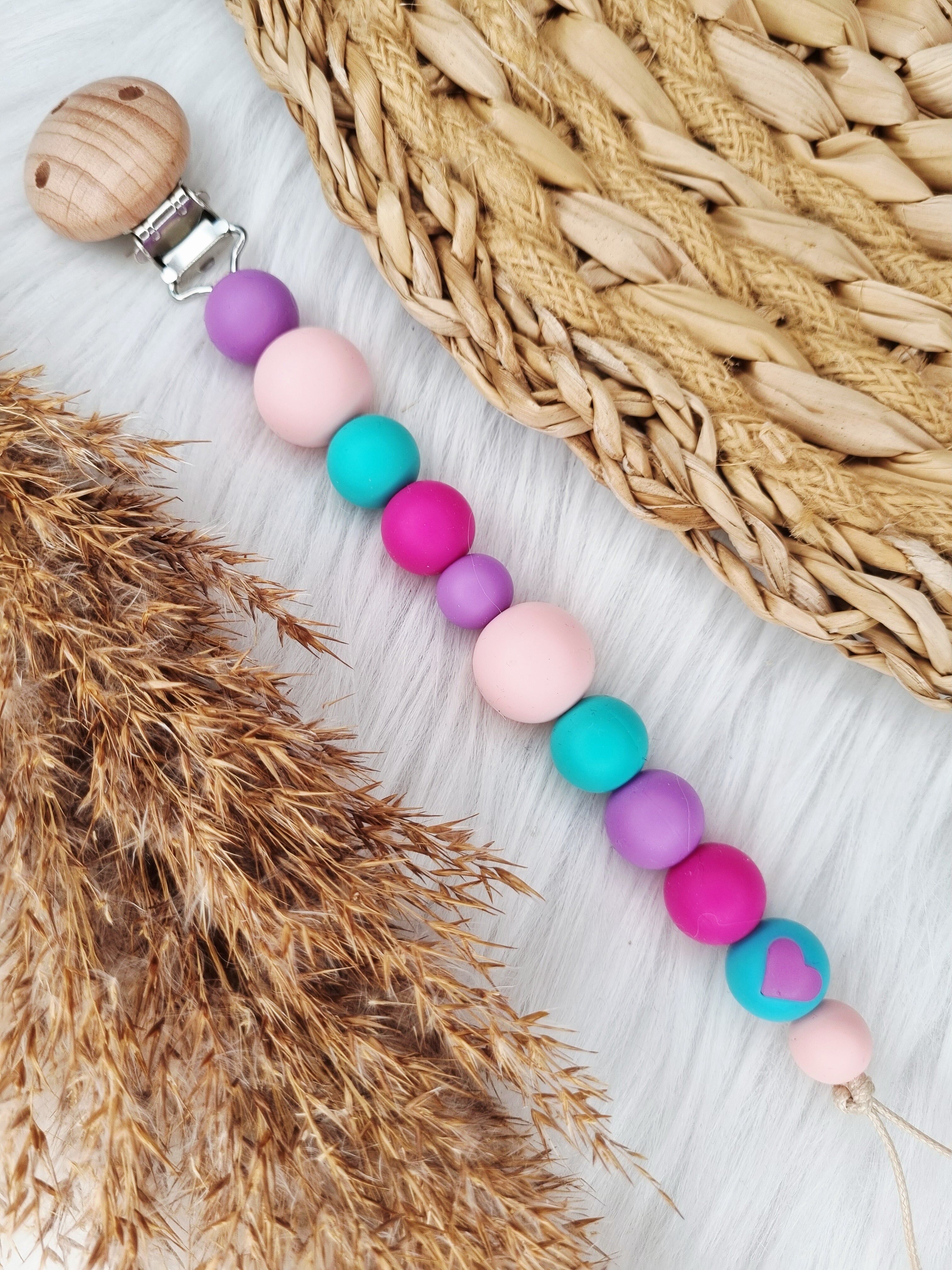 Pacifier clip - Heart pink, purple, turquoise