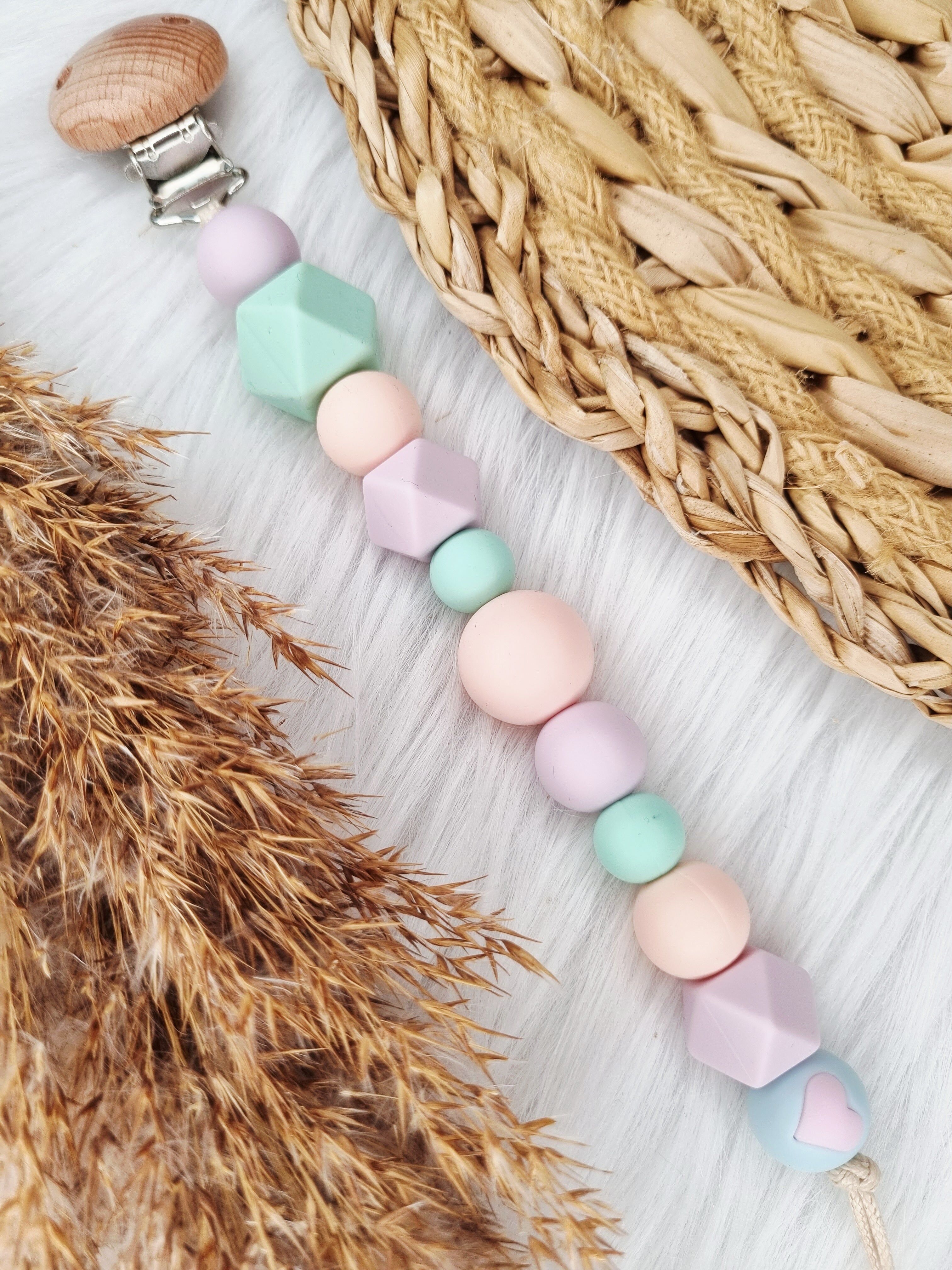Pacifier clip - Heart pink, mint, lilac