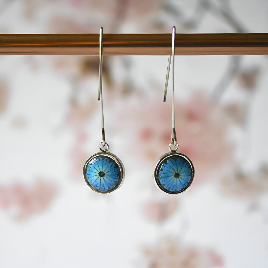 Boucles d'oreilles pendantes fleurs Daisy bleu
