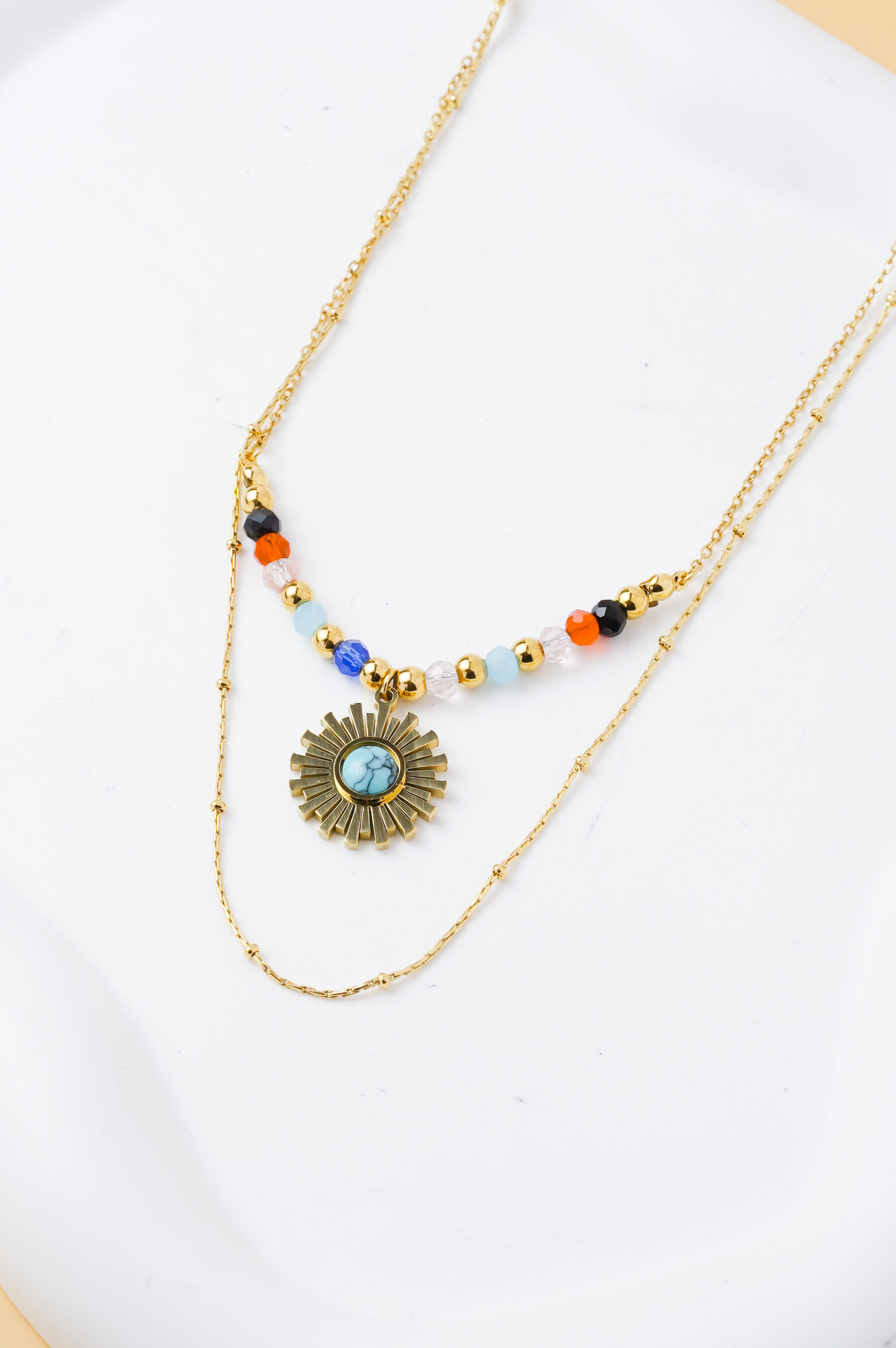 Collier femme multi-rangs doré 40 cm + extension – perles et pendentif soleil pierre turquoise, acier inoxydable