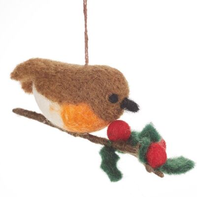 Robin fait à la main sur une décoration suspendue d'arbre de Noël de branche de houx