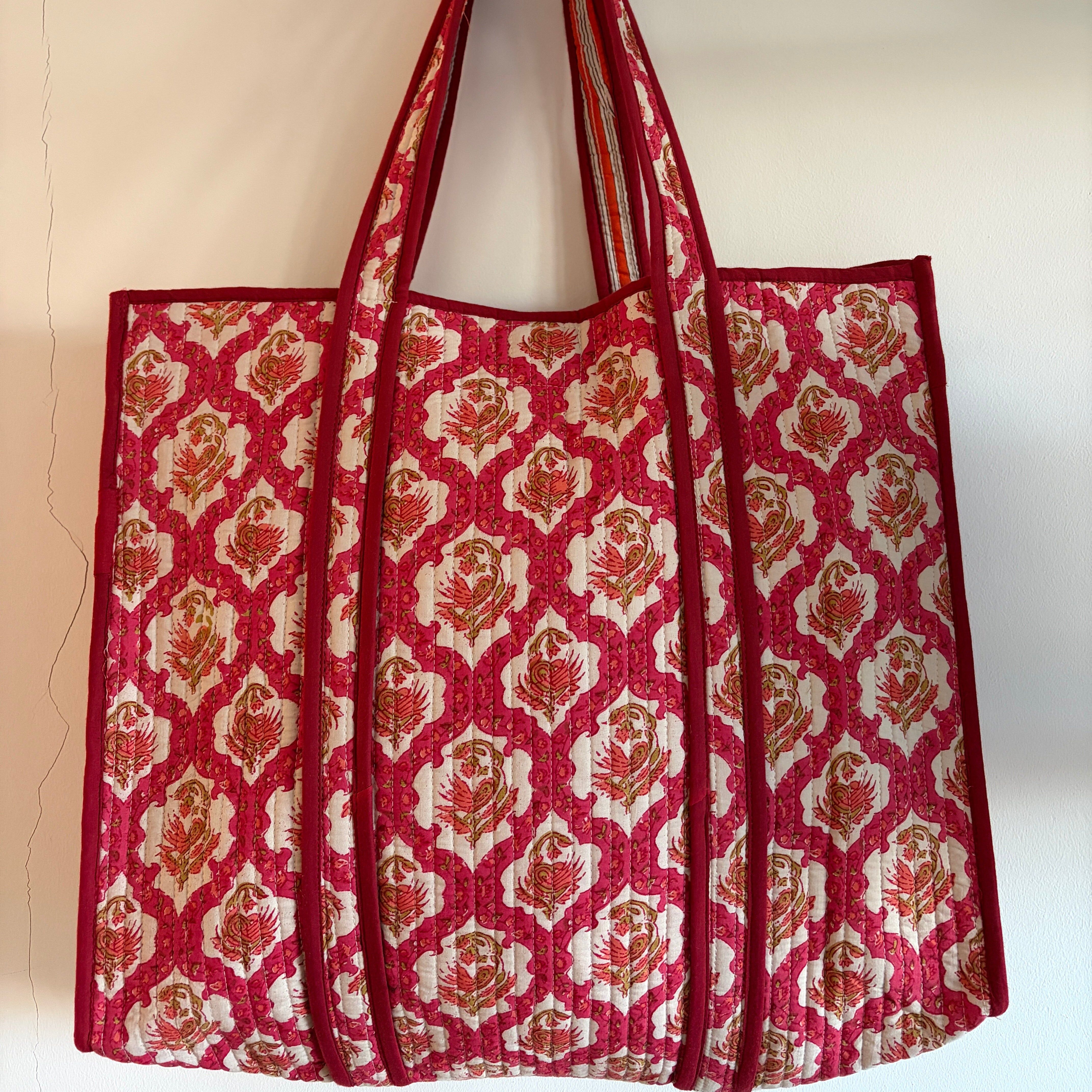Block Print Cotton Quilted Tote Bags - Floral
