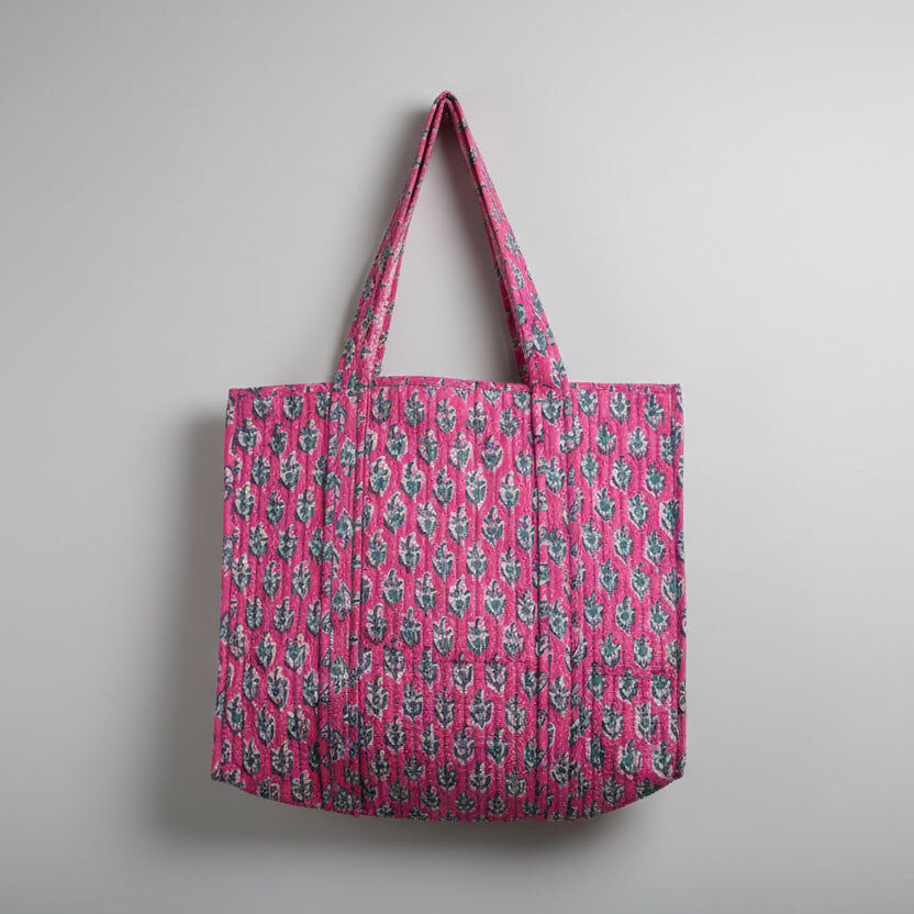 Hand Block Printed Quilted Cotton Tote bags - Pink