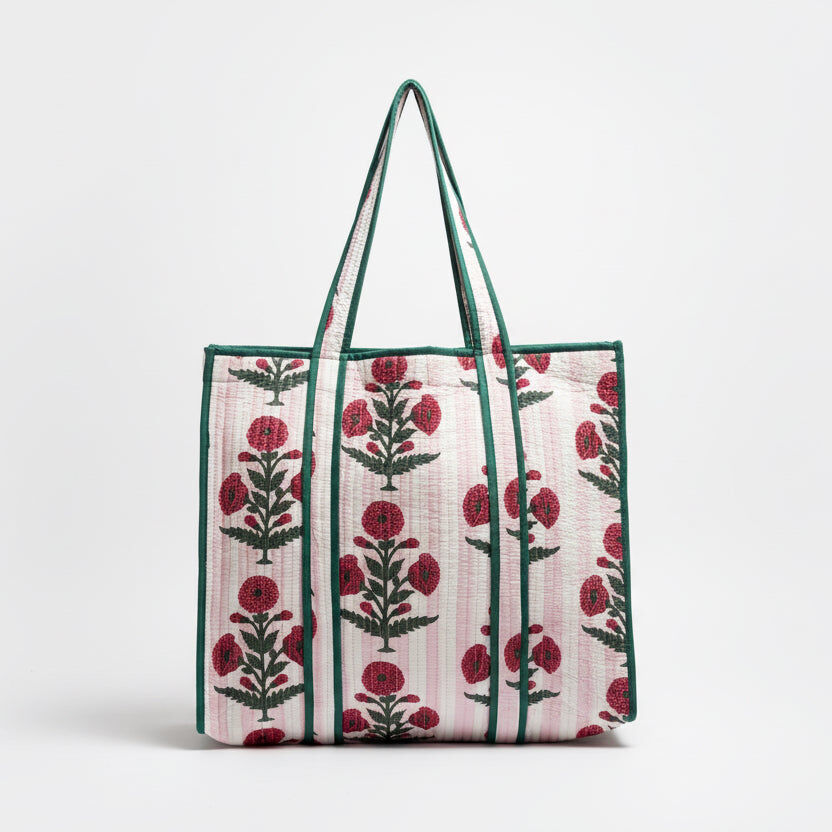 Hand Block Printed Cotton Quilted Tote Bags - Floral