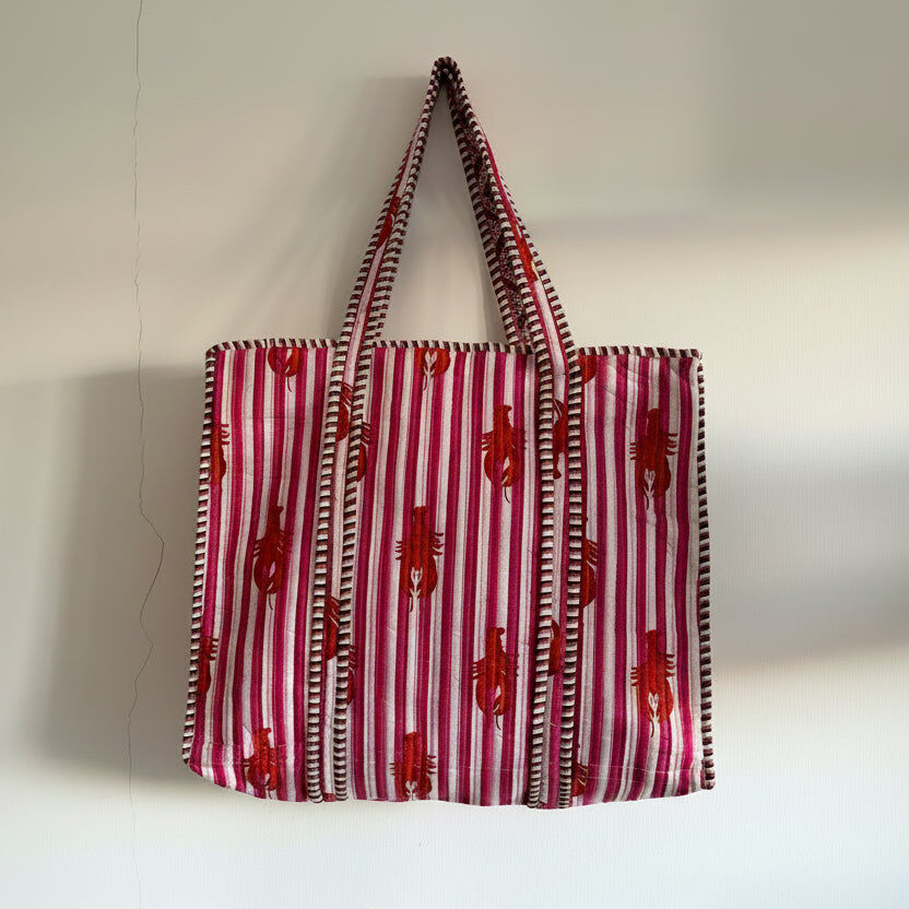Hand Block Printed Quilted Cotton Tote Bag - Lobster Print