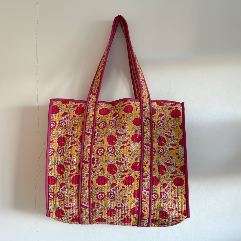 Hand Block Print Cotton Quilted Tote Bag - Floral