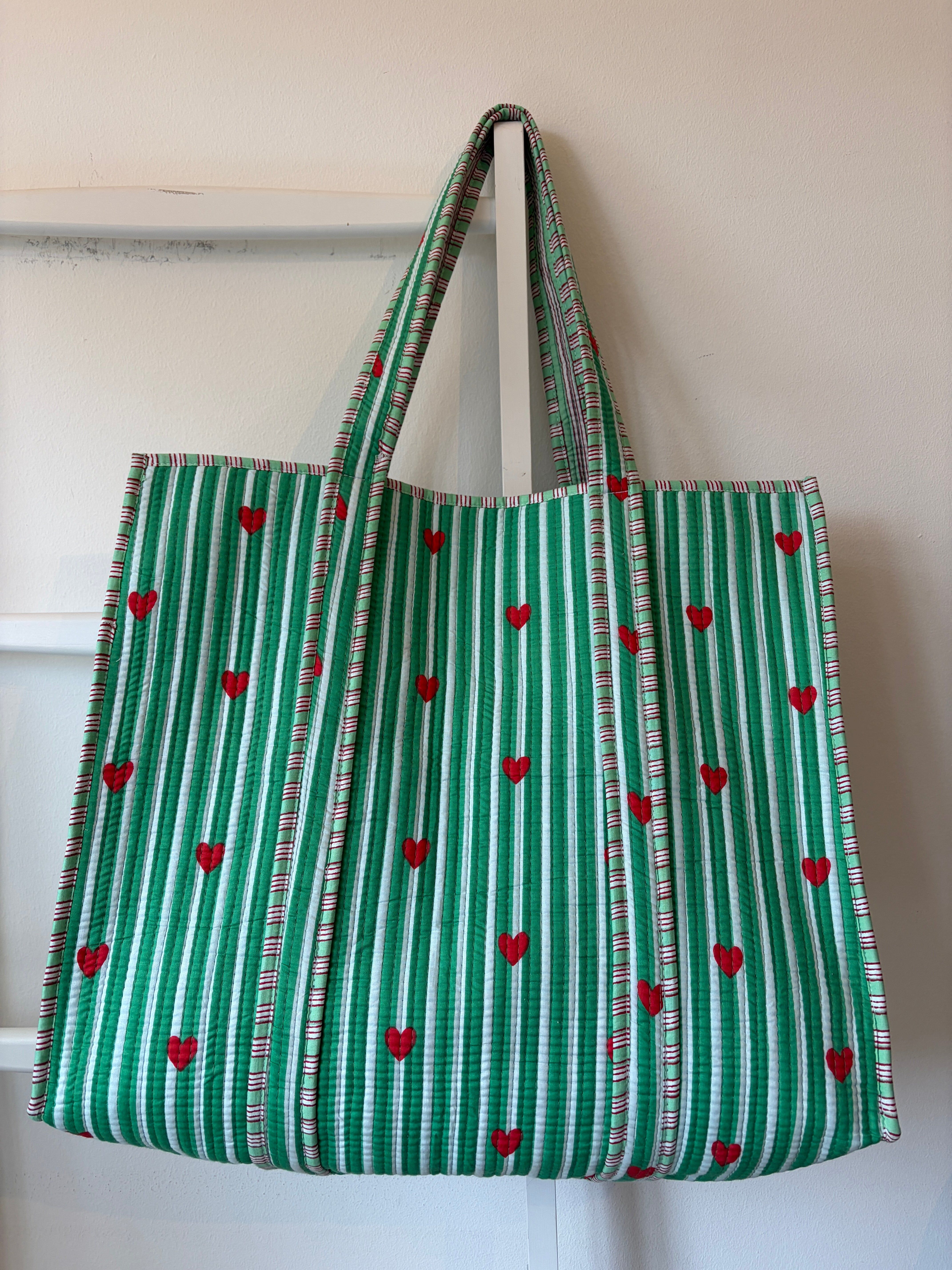 Stripe & Heart Print Cotton Quilted Tote Bag - Green
