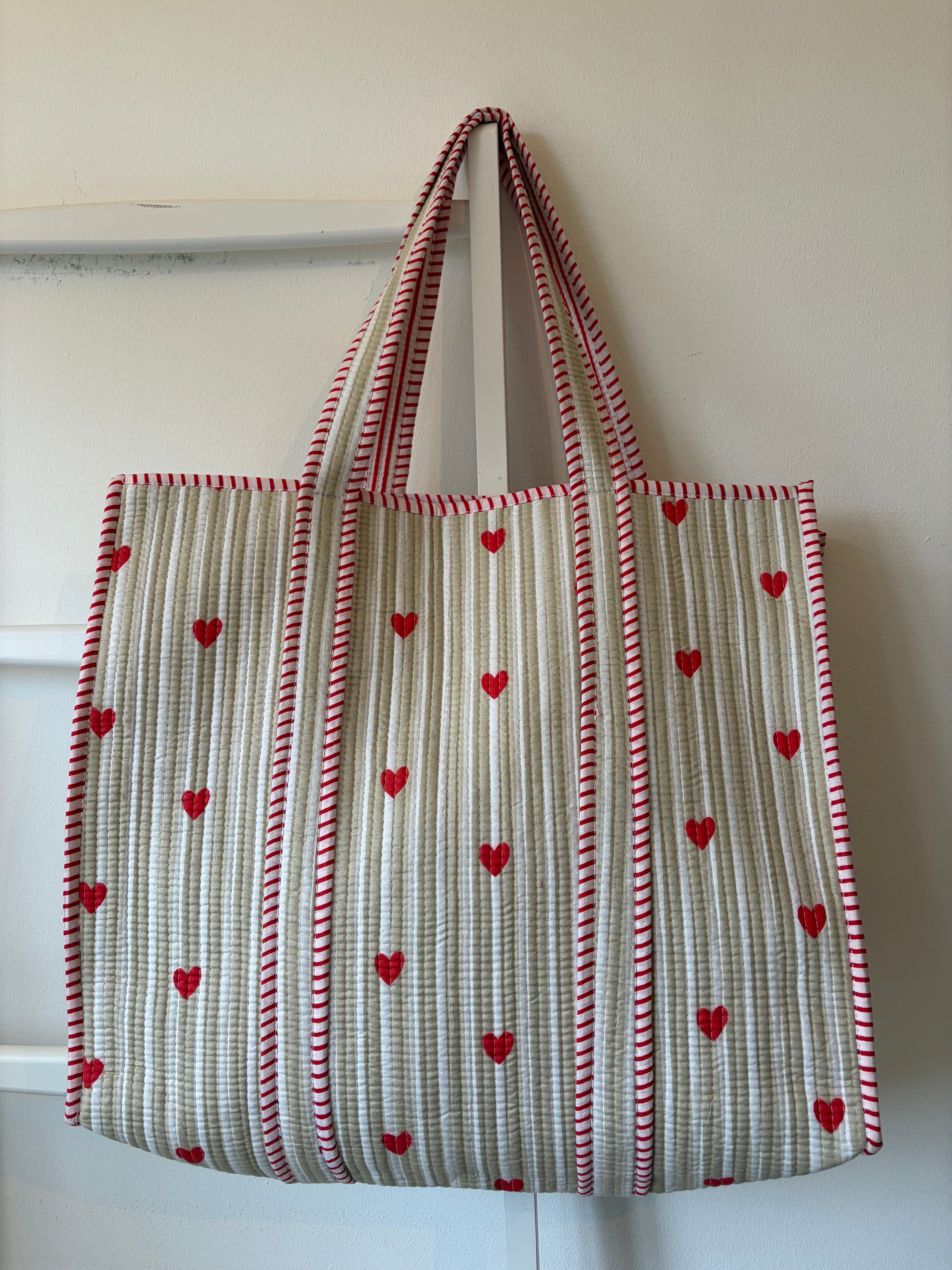 Stripe & Heart Cotton Quilted Tote Bag - Beige