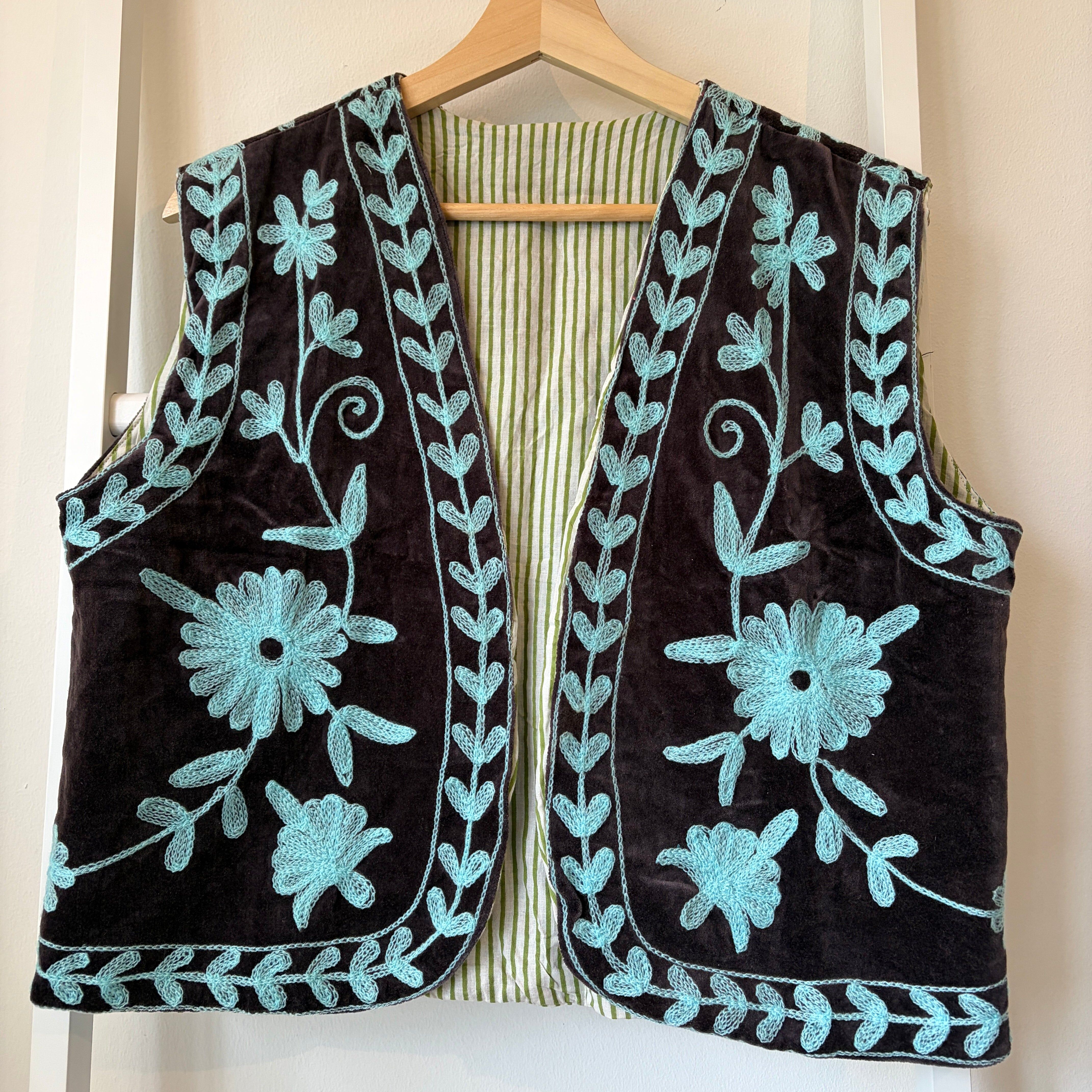 Velvet Suzani Embroidery Vest - Blue