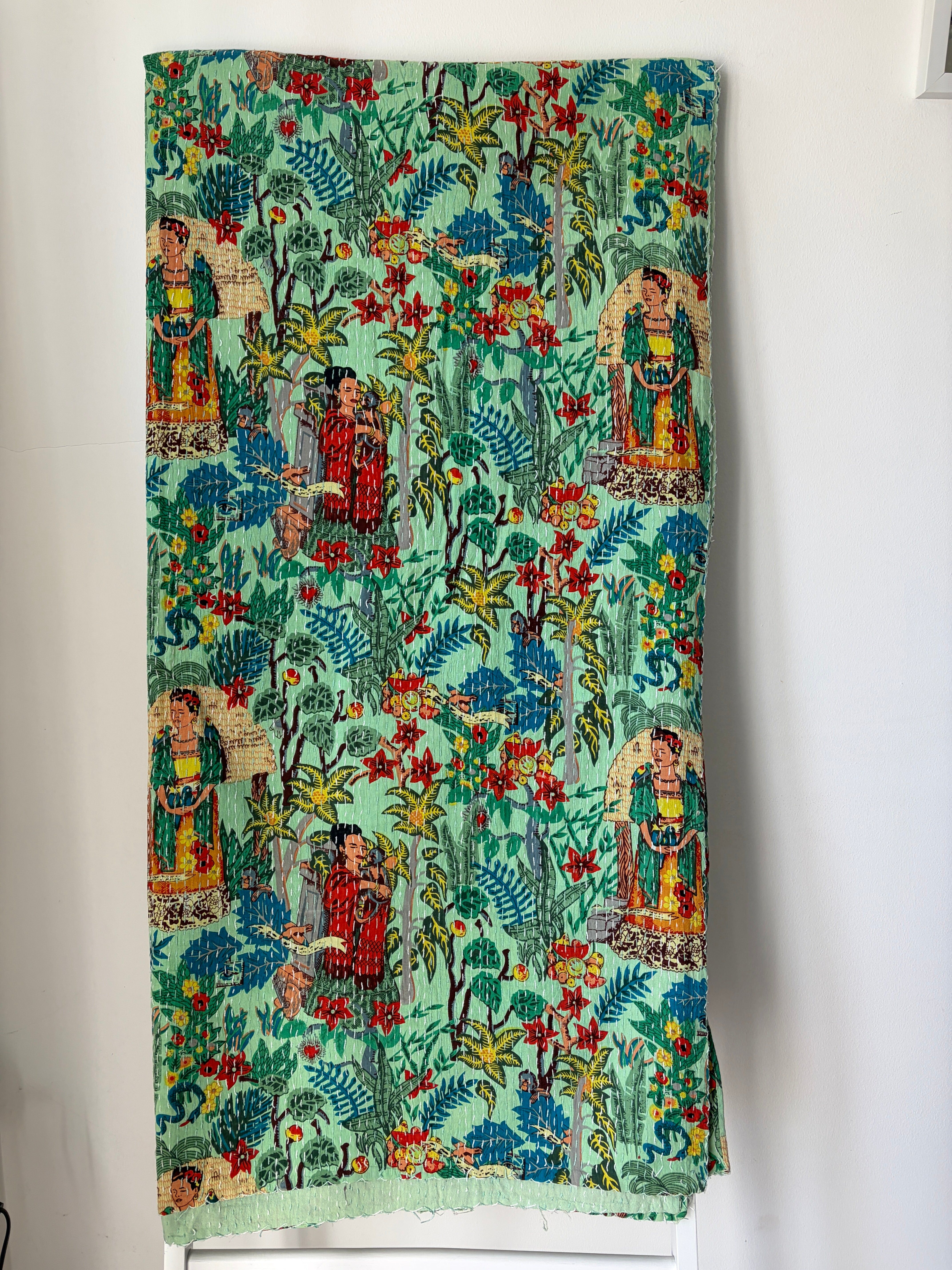 Couvre-lit brodé Kantha à la main - Motif Frida