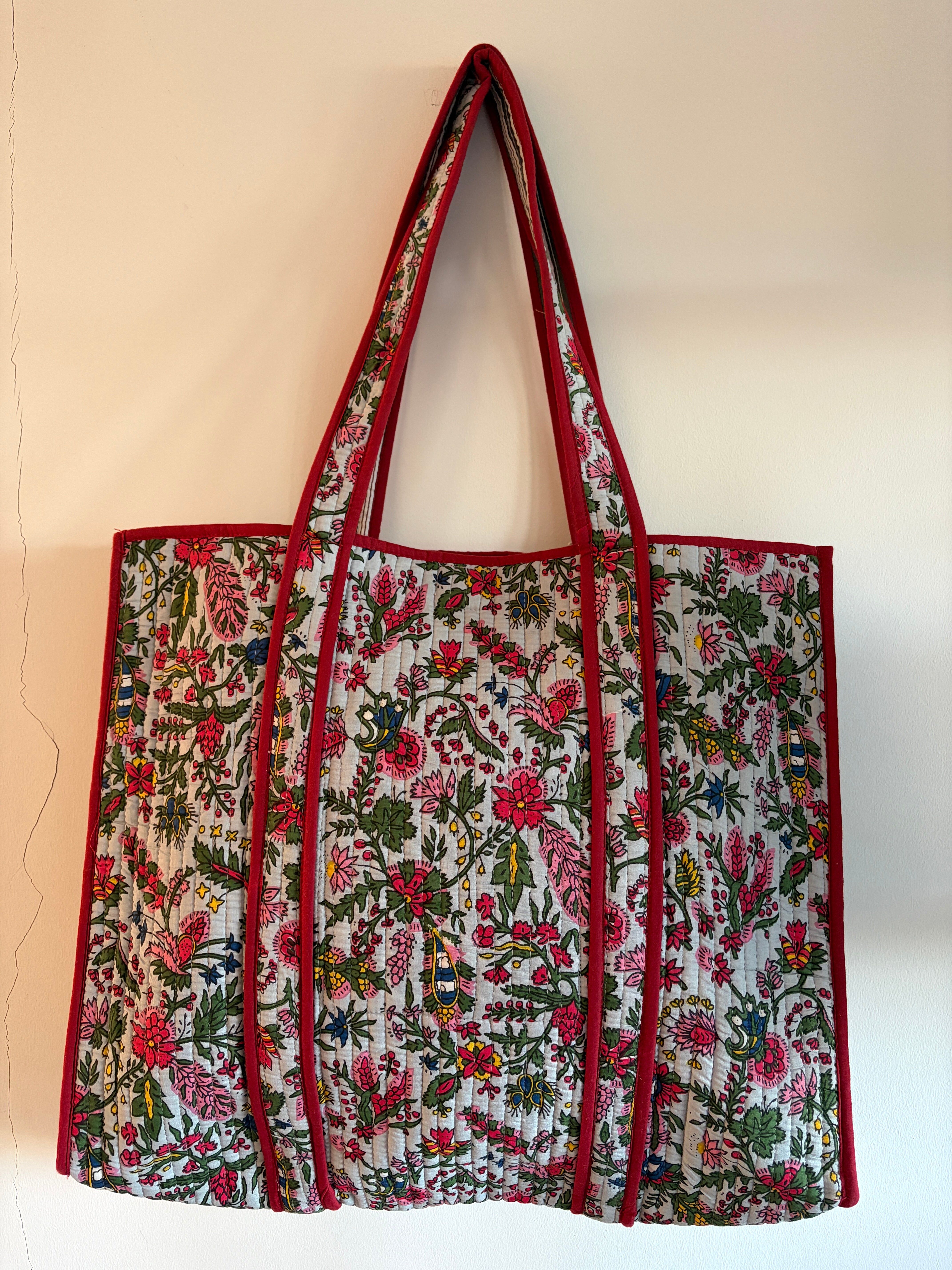 Hand Block Print Cotton Quilted Tote Bag - Grey
