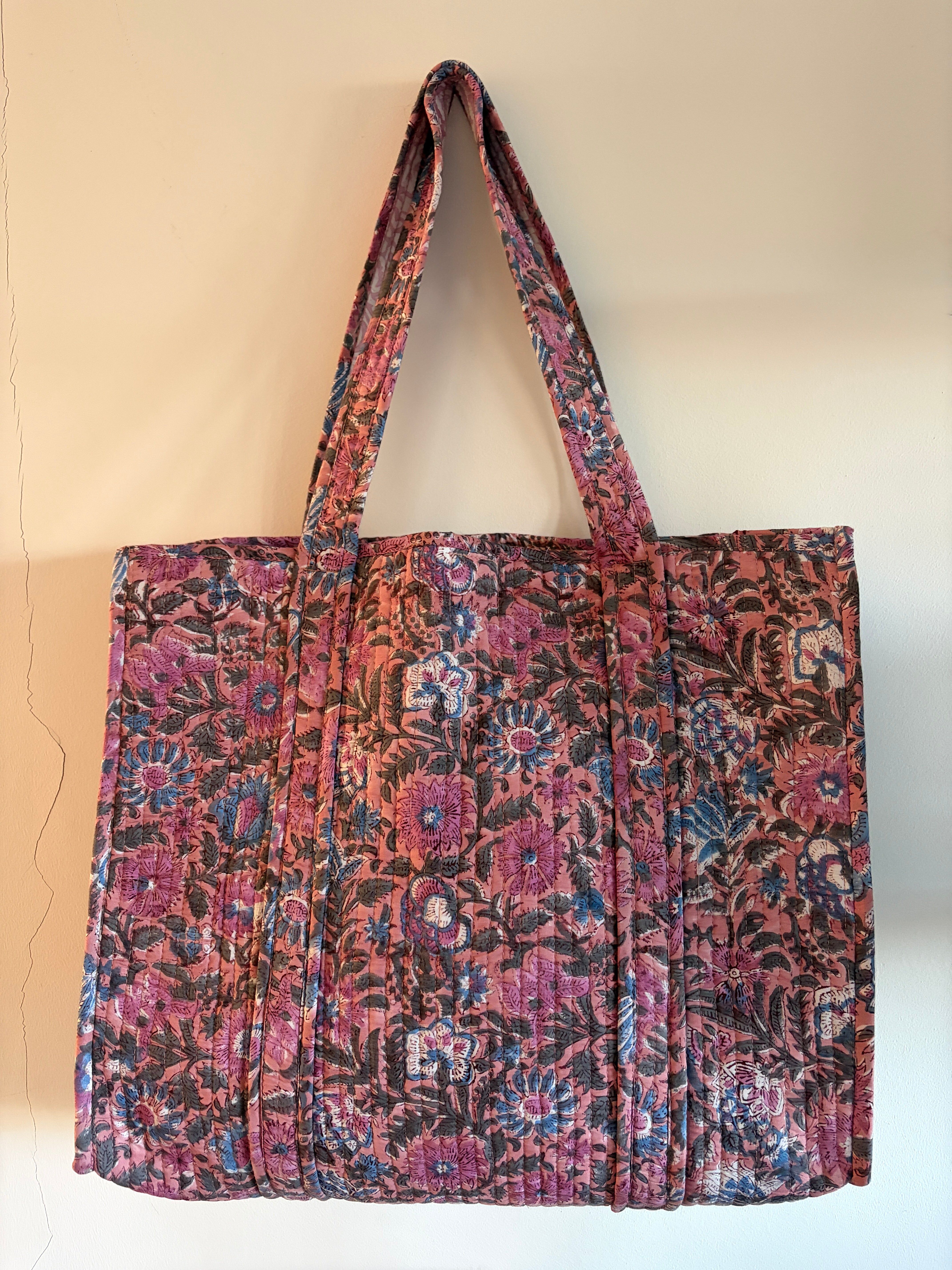 Hand Block Print Cotton Quilted Tote Bag - Pink
