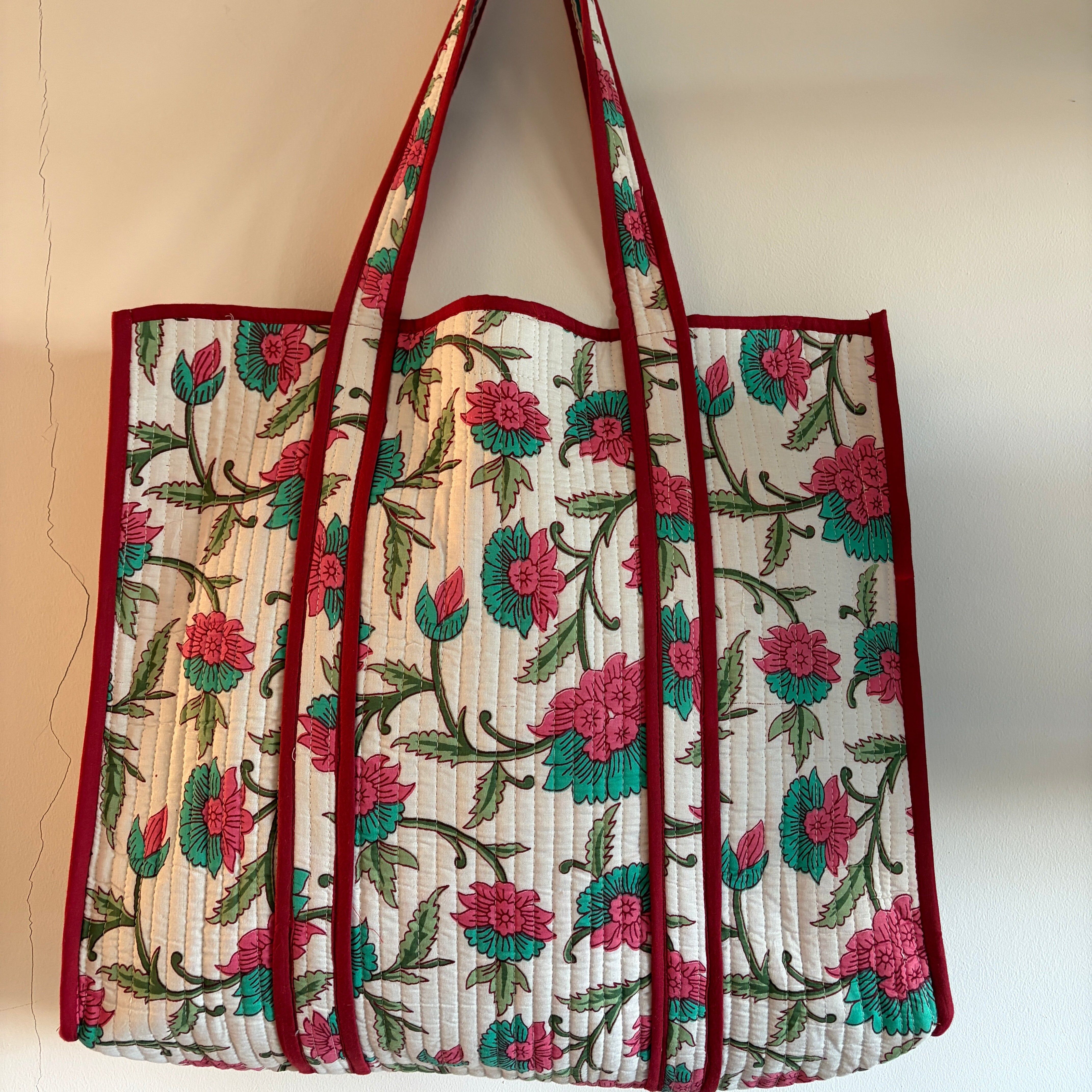 Hand Block Print Cotton Quilted Tote Bag - White