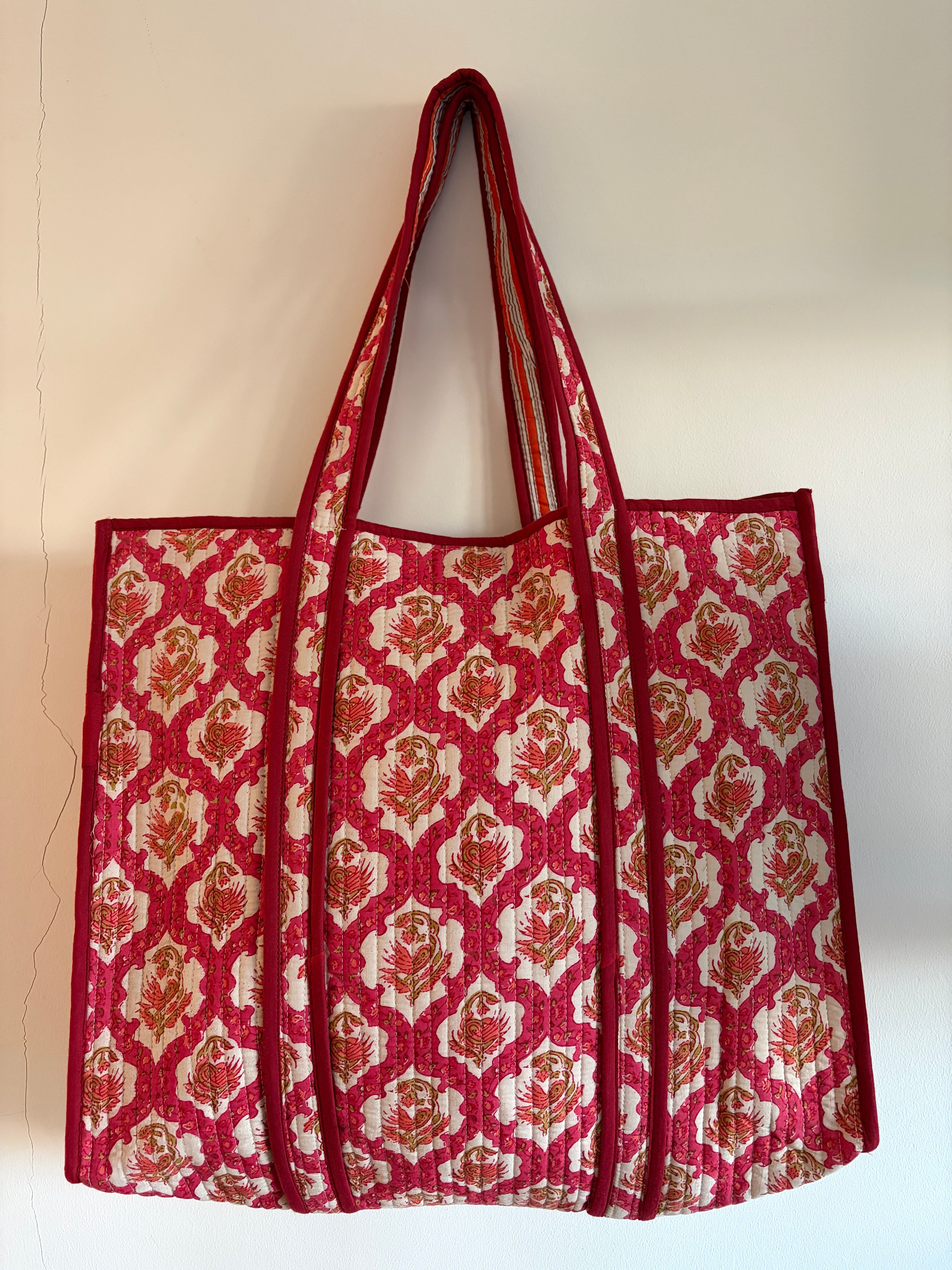 Block Print Cotton Quilted Tote Bags - Floral Pink