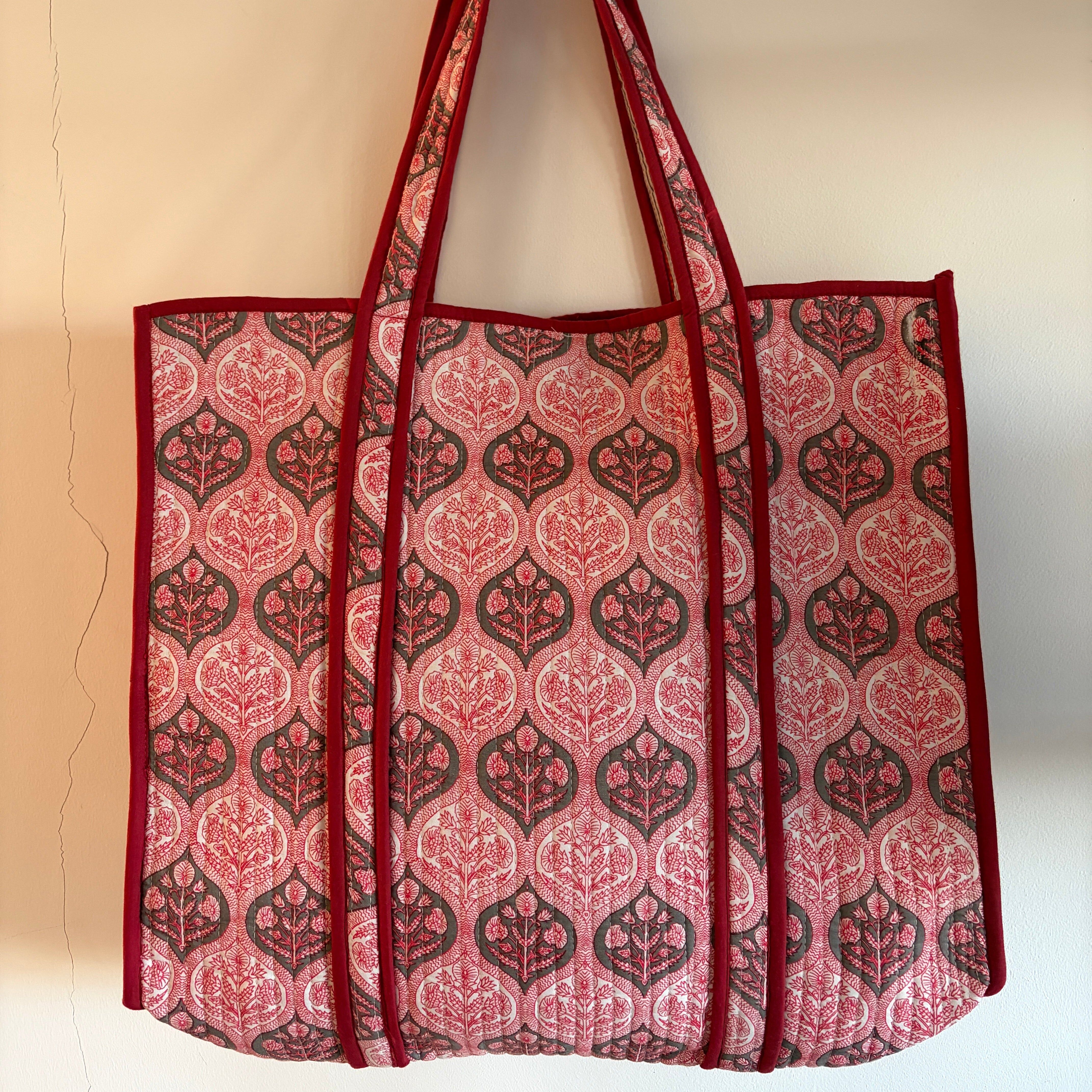 Hand Block Printed Quilted Cotton Tote bags - Red