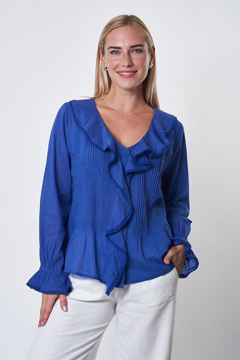 Nossa!Camicia blu royal con volant – 100% cotone