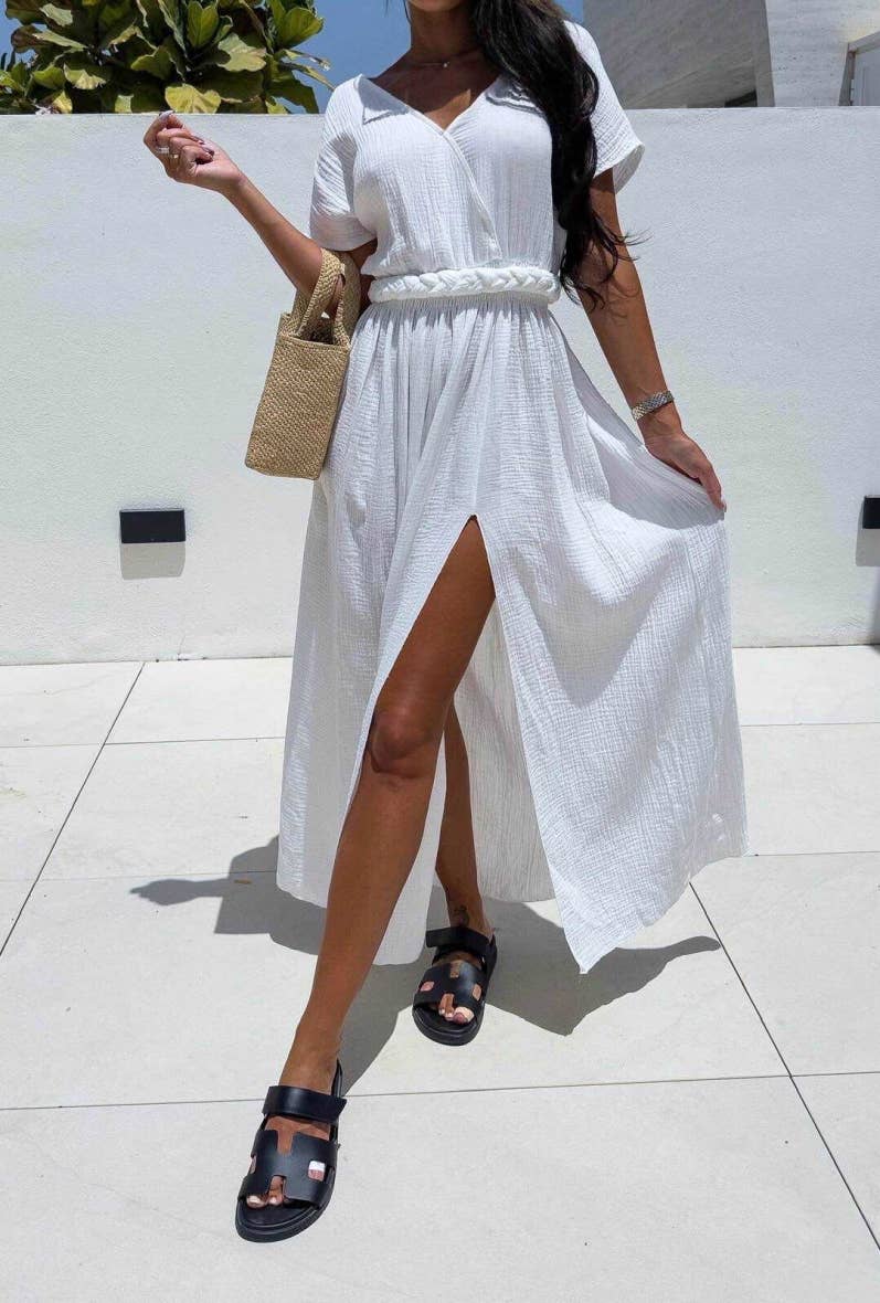 Long cotton gauze dress with a belt - 7173B
