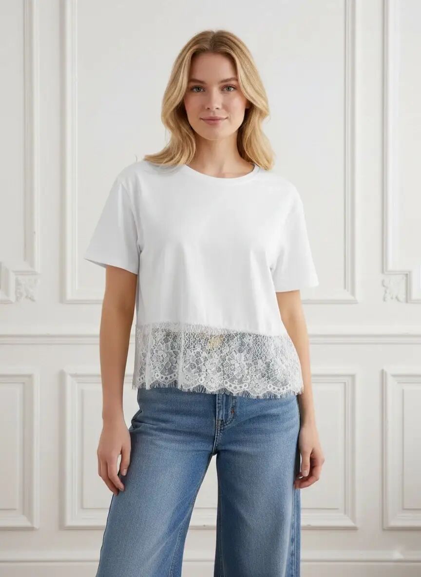 Lace-trimmed T-shirt - 100% Cotton - 2682