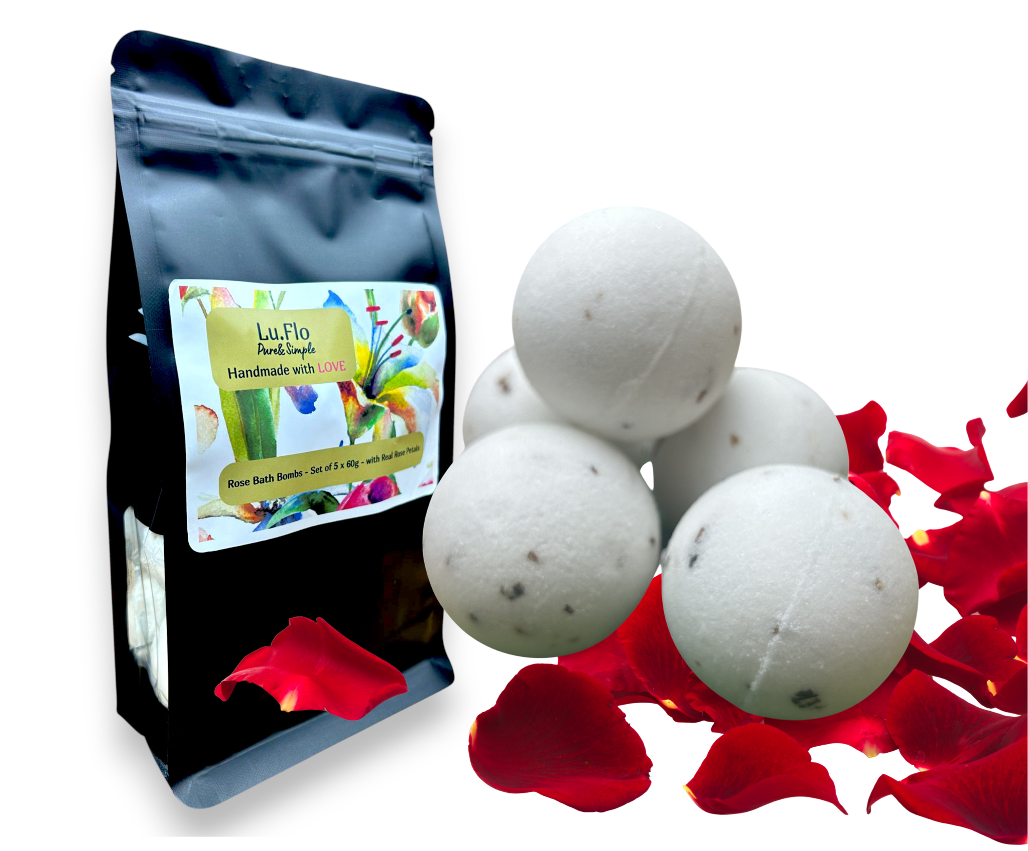 Rose Petal Bath Bomb Set (5 × 60 g) - black doypack