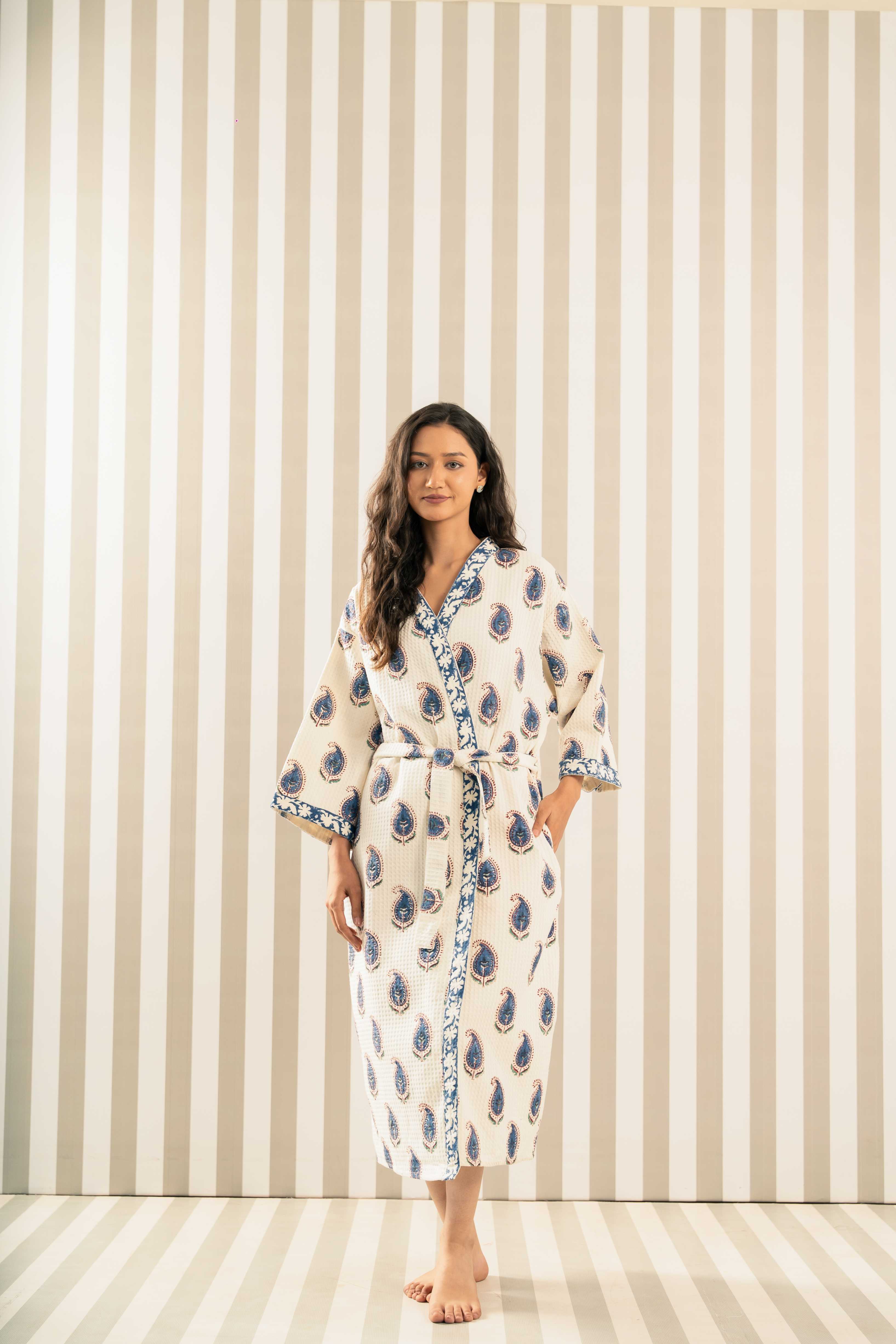 White and Blue block printed cotton waffle bathrobe