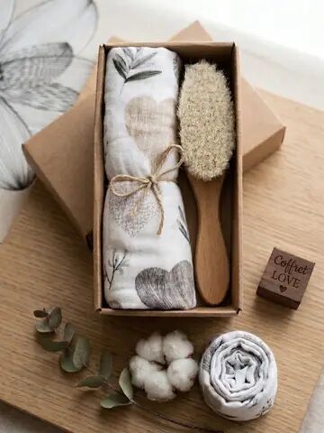 Set regalo per neonati "Amore" - Pannolino in mussola con stampa floreale e pennello morbido.