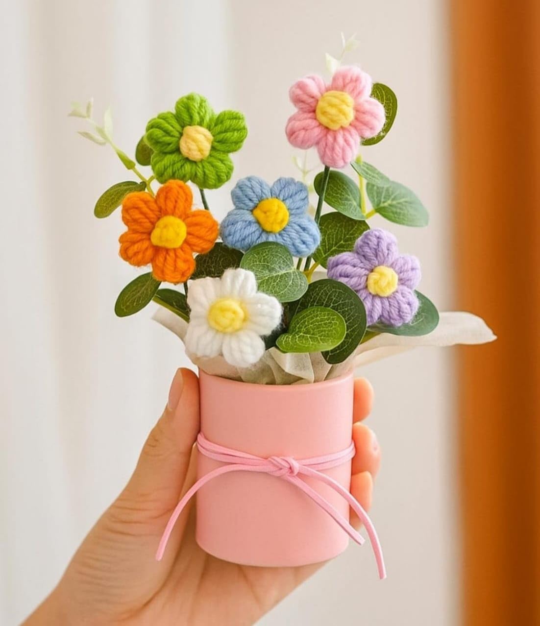 Bouquet de fleurs artificielles – Décoration tricotée à la main – Fil de coton – Unité