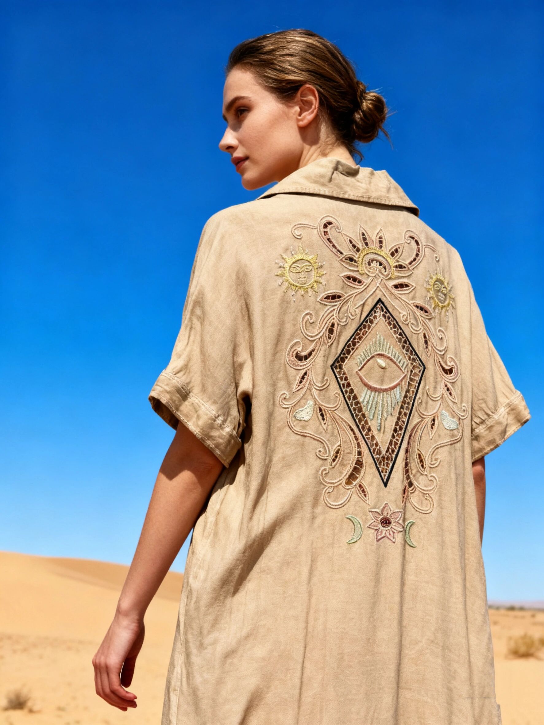 Long dress with embroidery on the back, V-neck, flared cut with invisible pockets